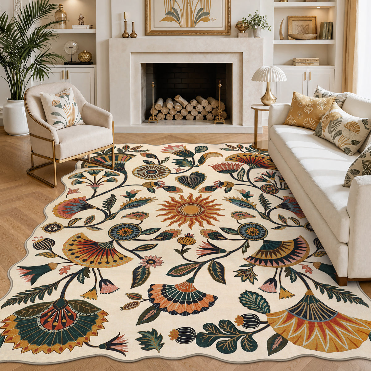 Boho Floral Washable Area Rug, Non-Slip Rug for Living Room Bedroom, Boho Floral Carpet