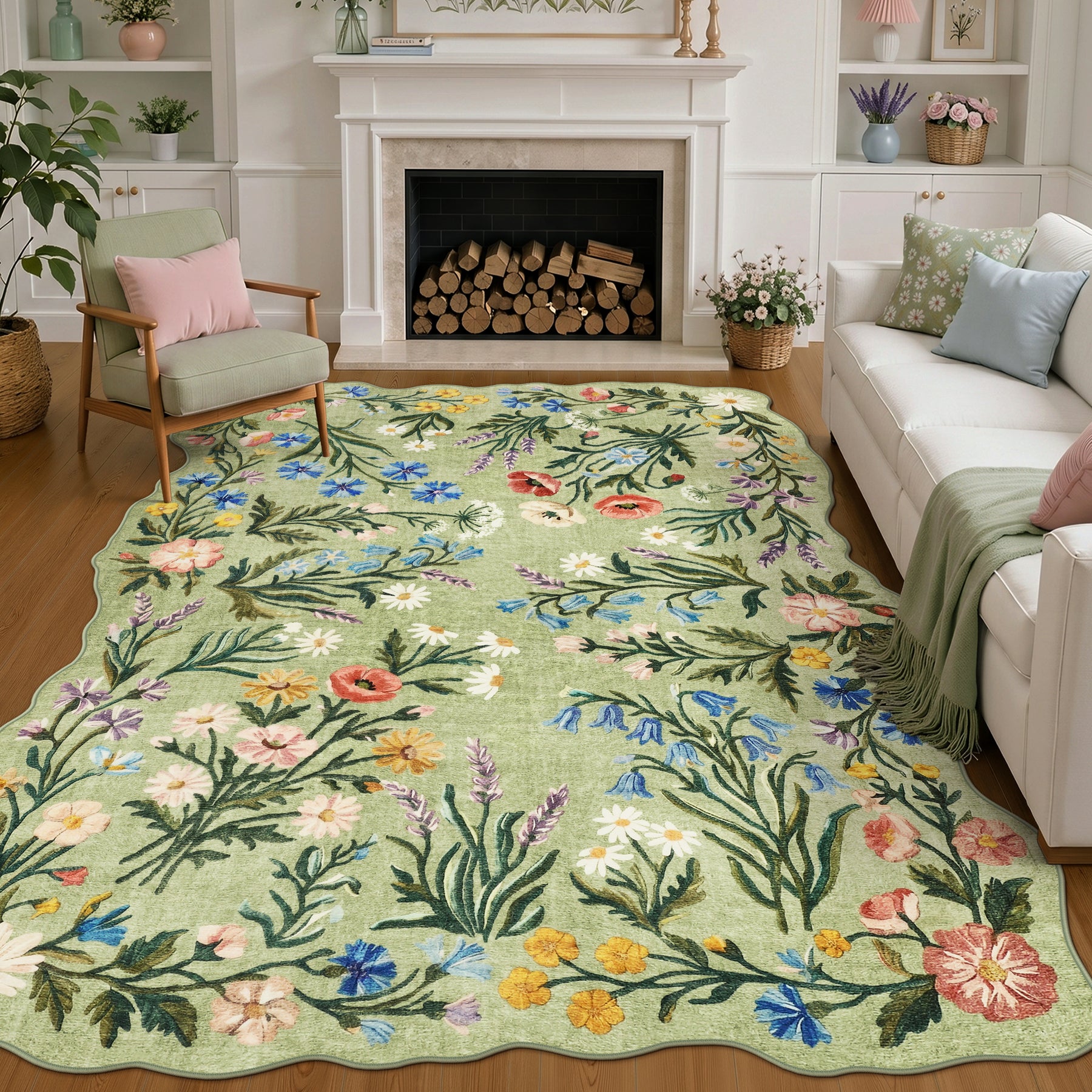 5x7/8x10 Floral Area Rug, Machine Washable Faux Wool, Non-Slip Scalloped Botanical Carpet