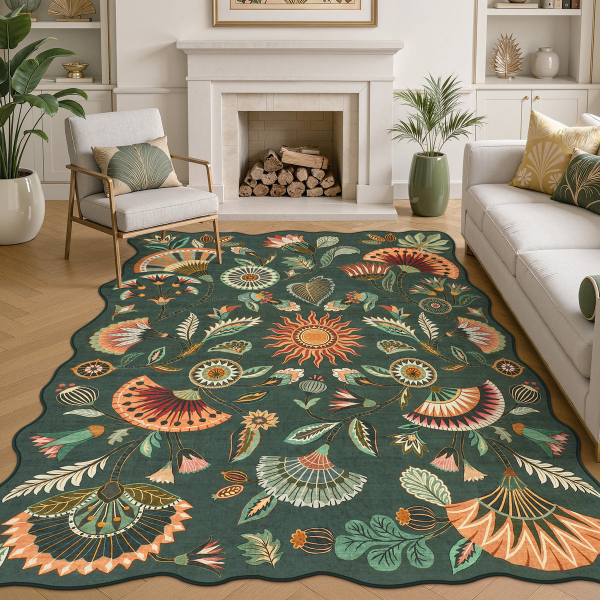 Boho Floral Washable Area Rug, Non-Slip Rug for Living Room Bedroom, Boho Floral Carpet