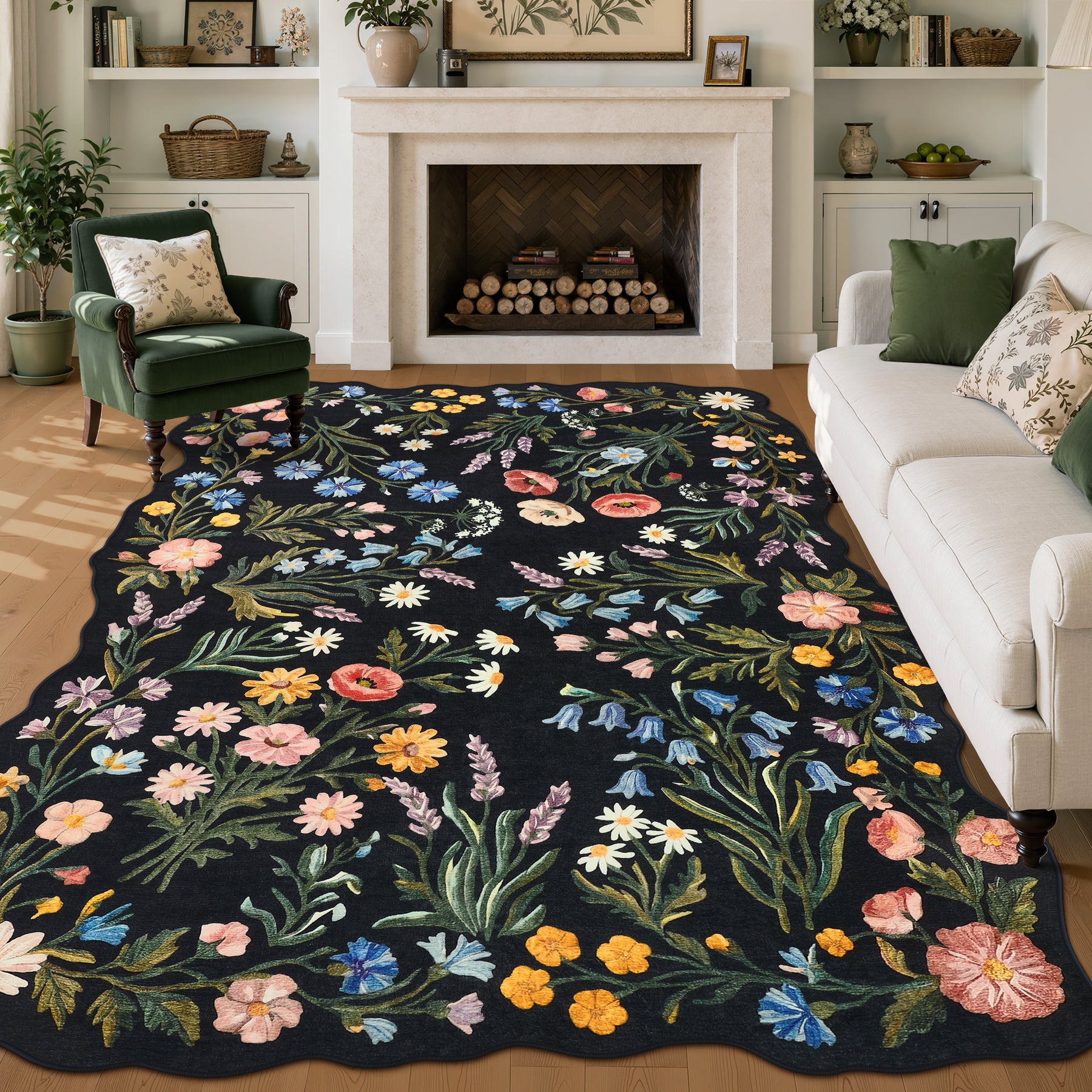 5x7/8x10 Floral Area Rug, Machine Washable Faux Wool, Non-Slip Scalloped Botanical Carpet