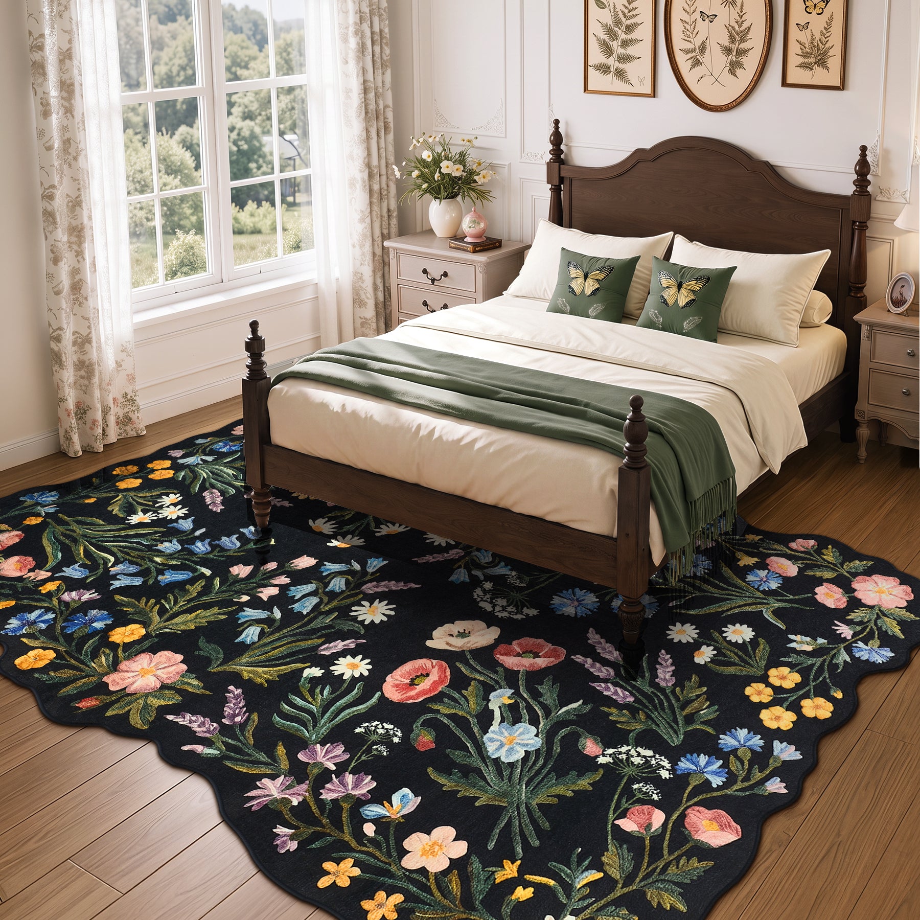 5x7/8x10 Floral Area Rug, Machine Washable Faux Wool, Non-Slip Scalloped Botanical Carpet
