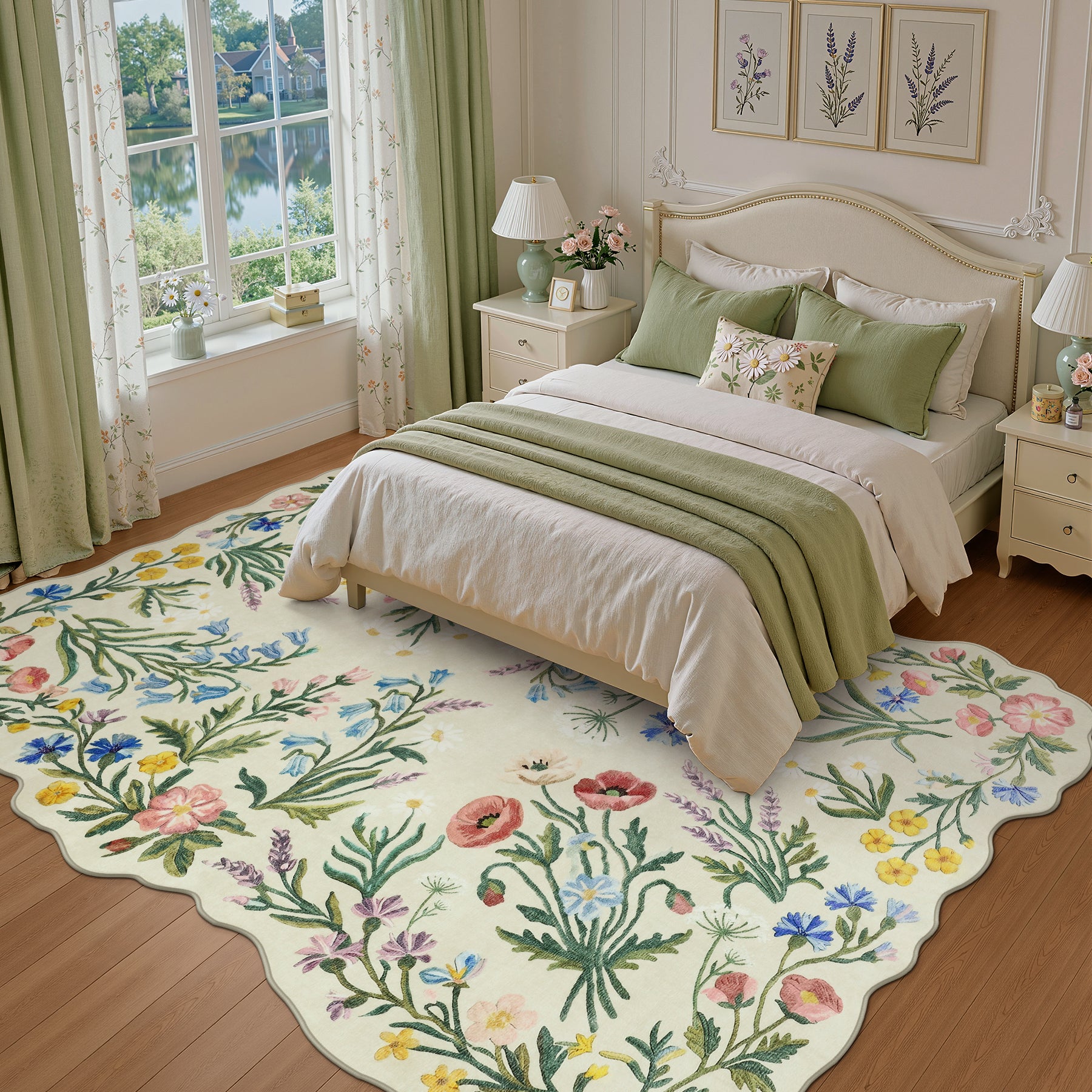 5x7/8x10 Floral Area Rug, Machine Washable Faux Wool, Non-Slip Scalloped Botanical Carpet