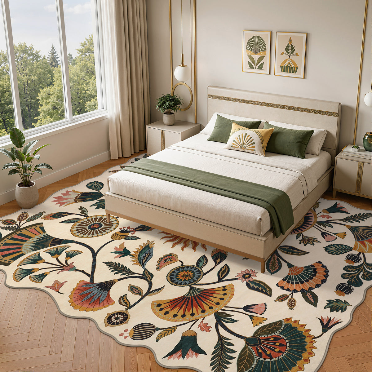 Boho Floral Washable Area Rug, Non-Slip Rug for Living Room Bedroom, Boho Floral Carpet
