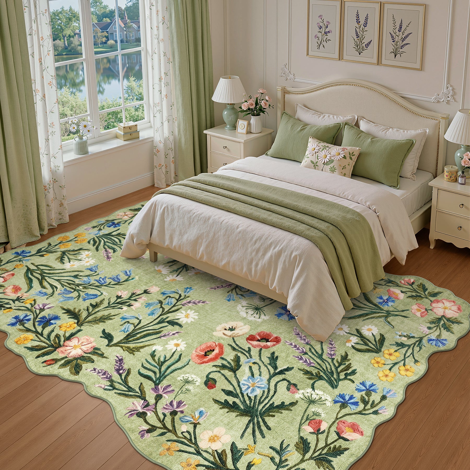 5x7/8x10 Floral Area Rug, Machine Washable Faux Wool, Non-Slip Scalloped Botanical Carpet
