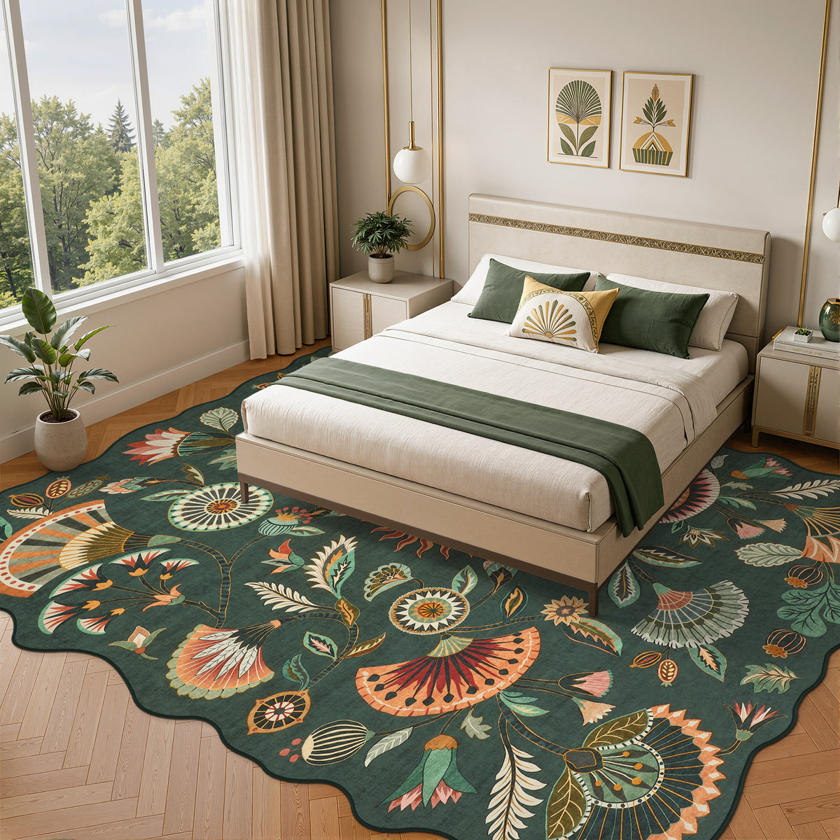 Boho Floral Washable Area Rug, Non-Slip Rug for Living Room Bedroom, Boho Floral Carpet