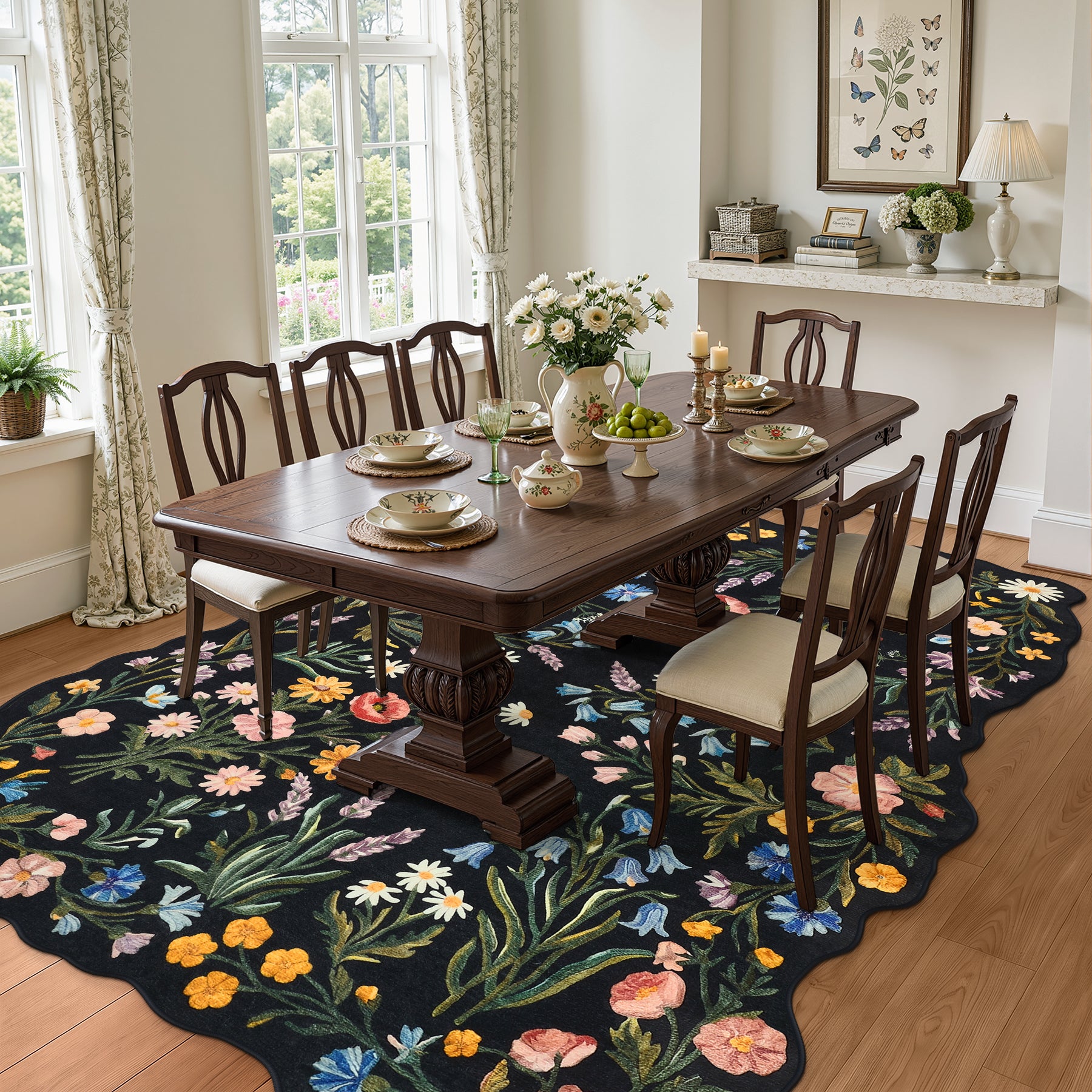 5x7/8x10 Floral Area Rug, Machine Washable Faux Wool, Non-Slip Scalloped Botanical Carpet