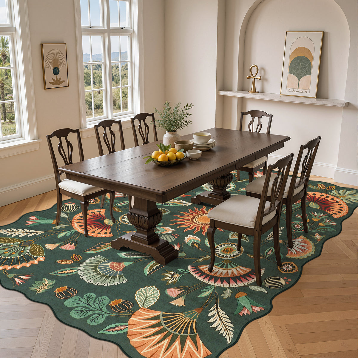 Boho Floral Washable Area Rug, Non-Slip Rug for Living Room Bedroom, Boho Floral Carpet