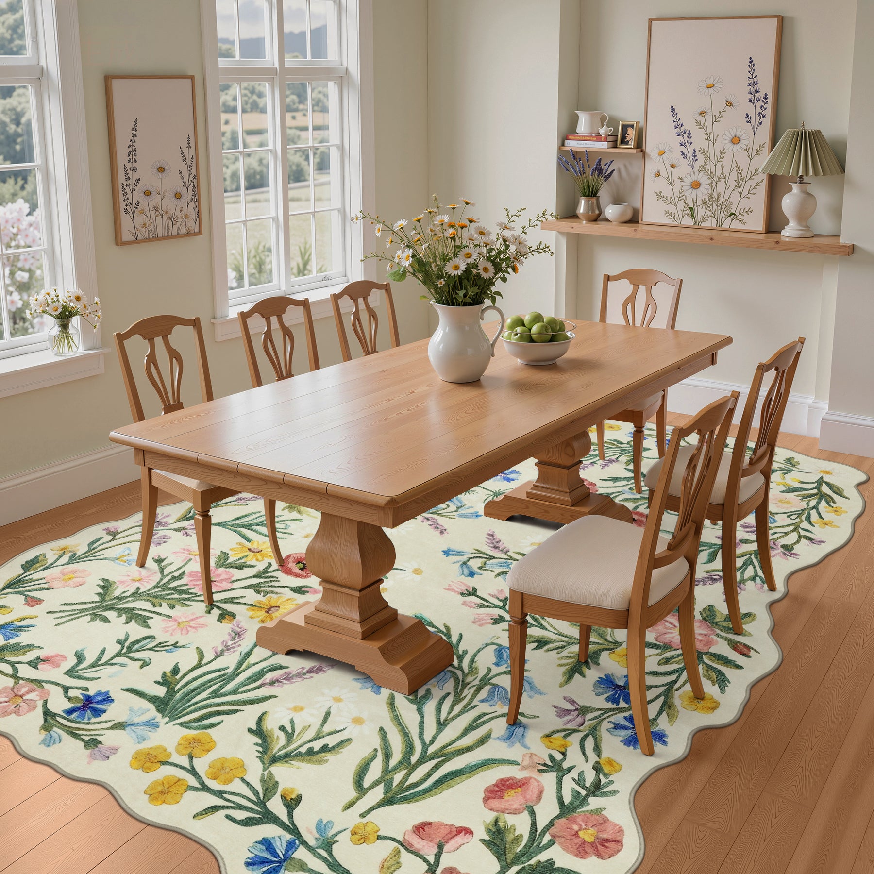 5x7/8x10 Floral Area Rug, Machine Washable Faux Wool, Non-Slip Scalloped Botanical Carpet
