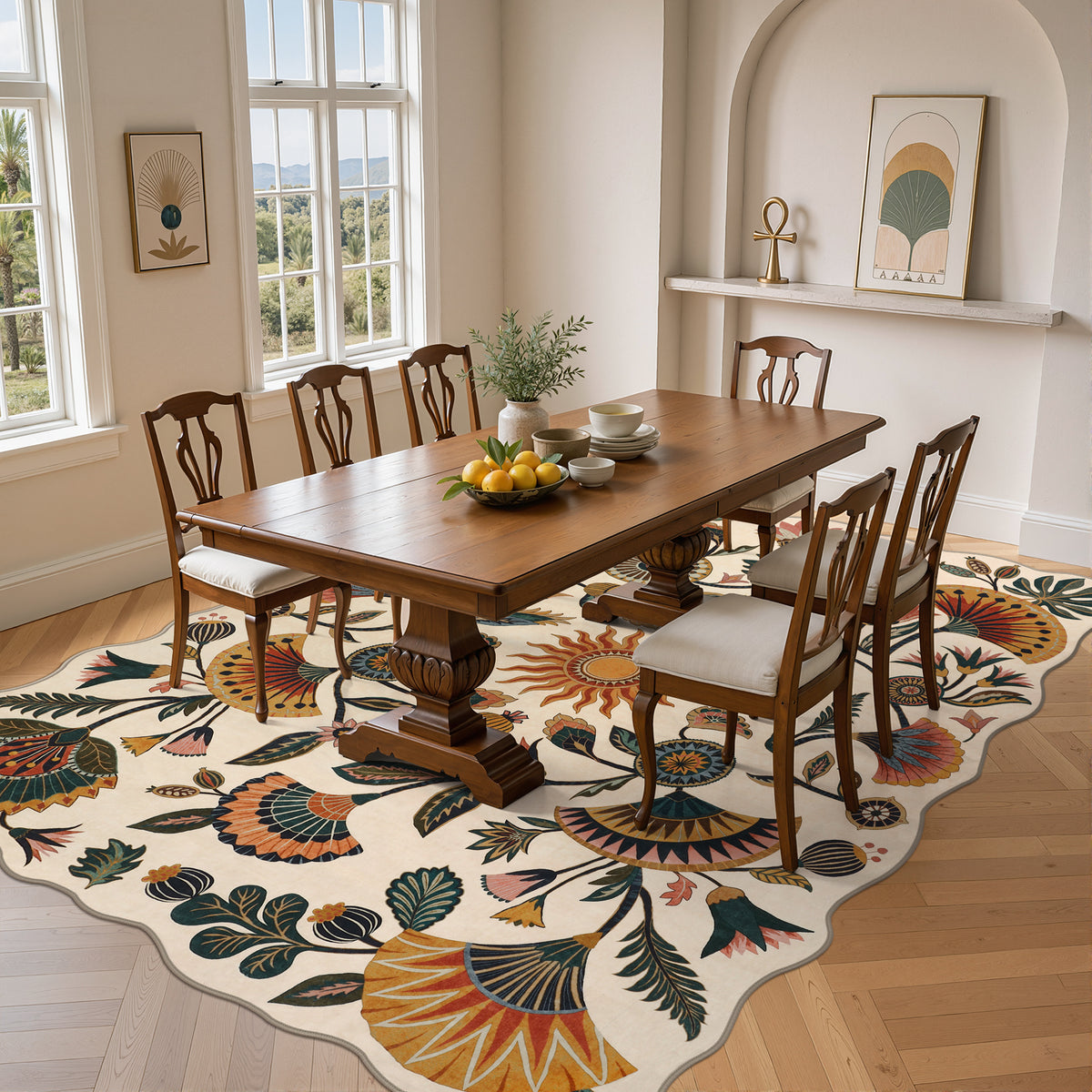 Boho Floral Washable Area Rug, Non-Slip Rug for Living Room Bedroom, Boho Floral Carpet