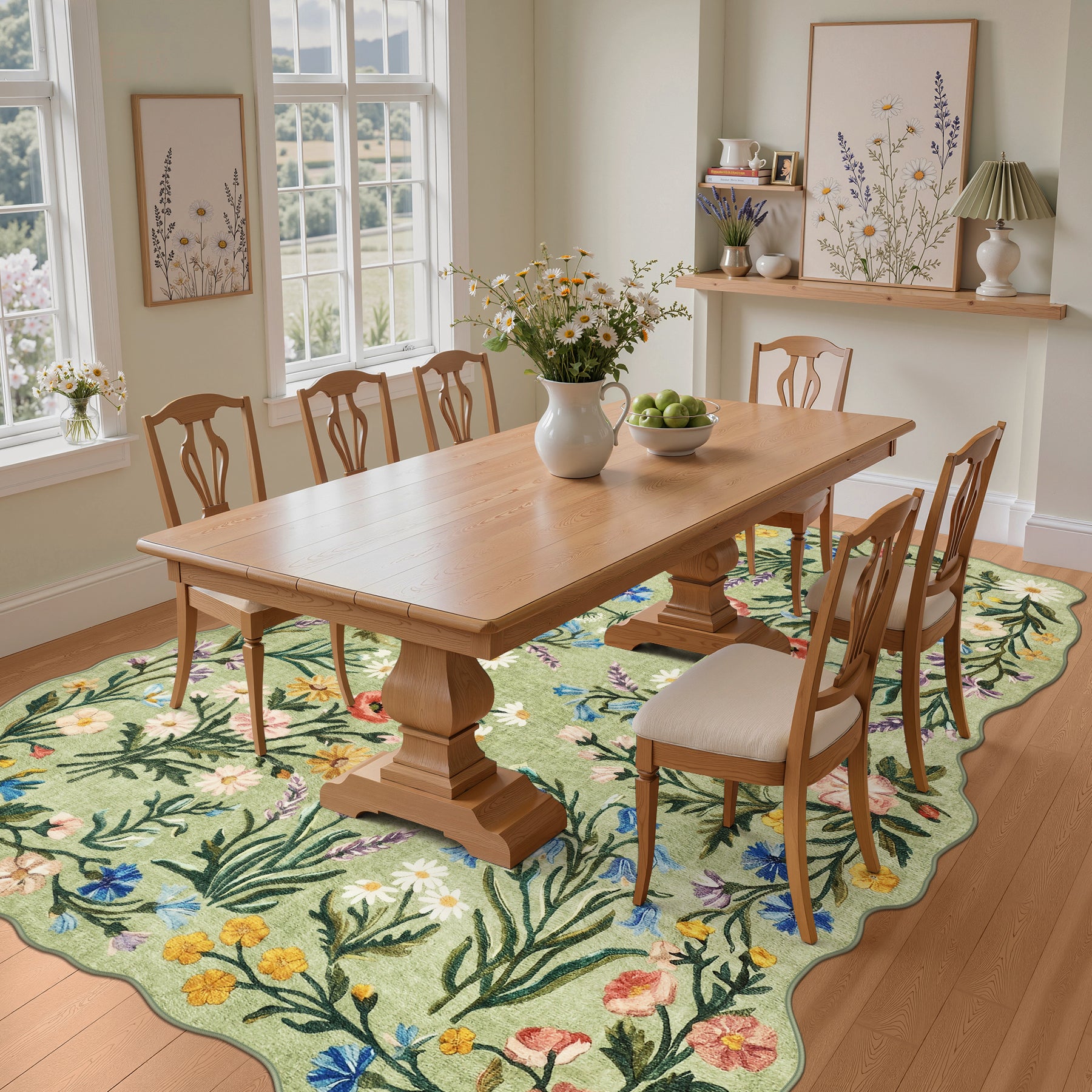 5x7/8x10 Floral Area Rug, Machine Washable Faux Wool, Non-Slip Scalloped Botanical Carpet