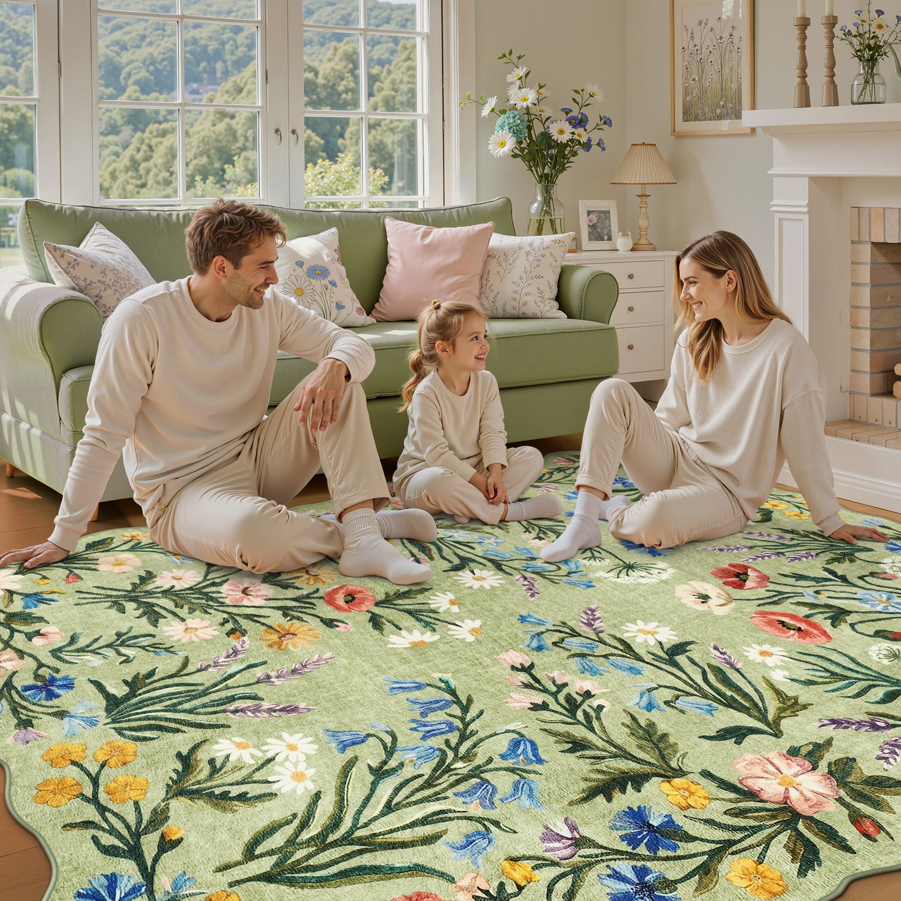 5x7/8x10 Floral Area Rug, Machine Washable Faux Wool, Non-Slip Scalloped Botanical Carpet
