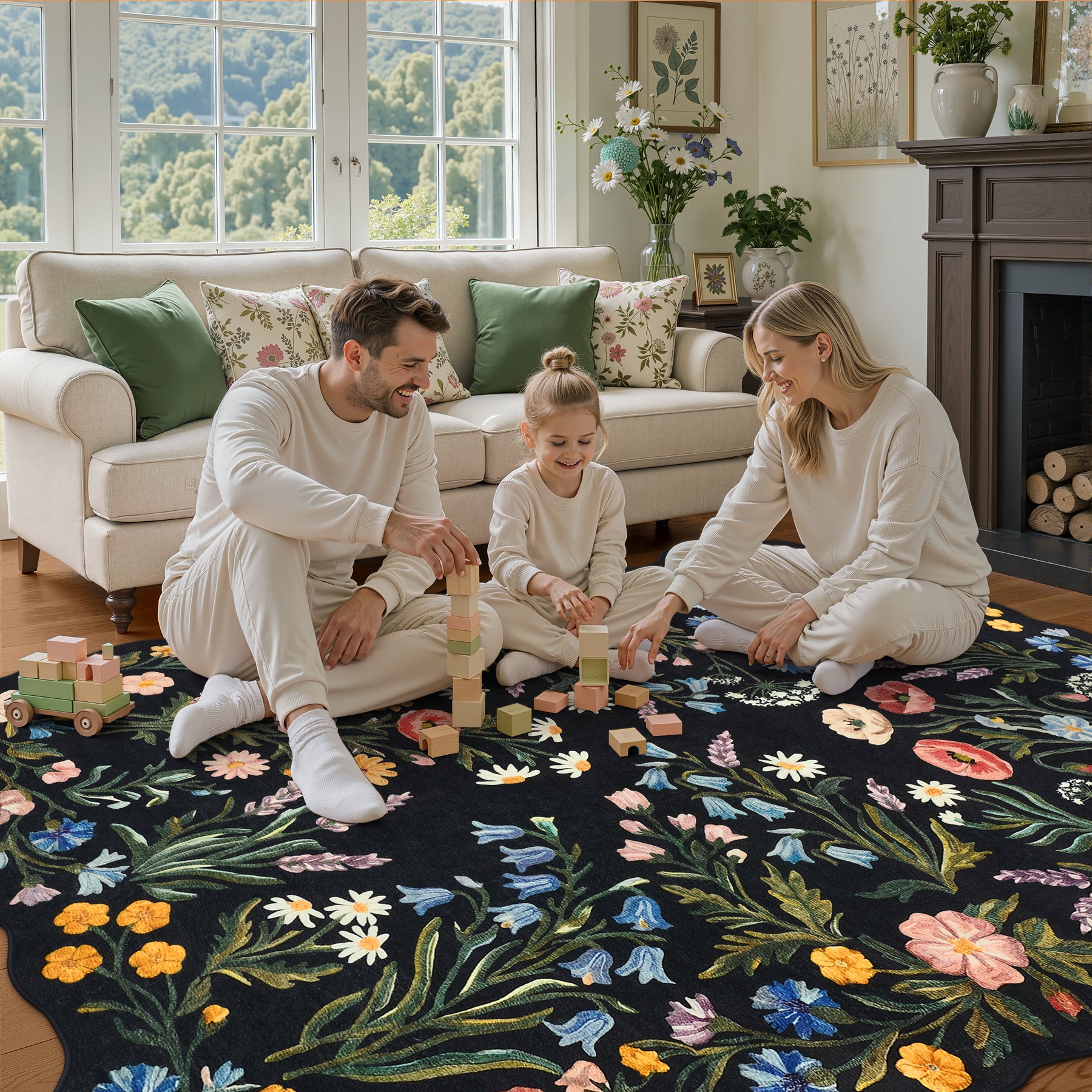 5x7/8x10 Floral Area Rug, Machine Washable Faux Wool, Non-Slip Scalloped Botanical Carpet