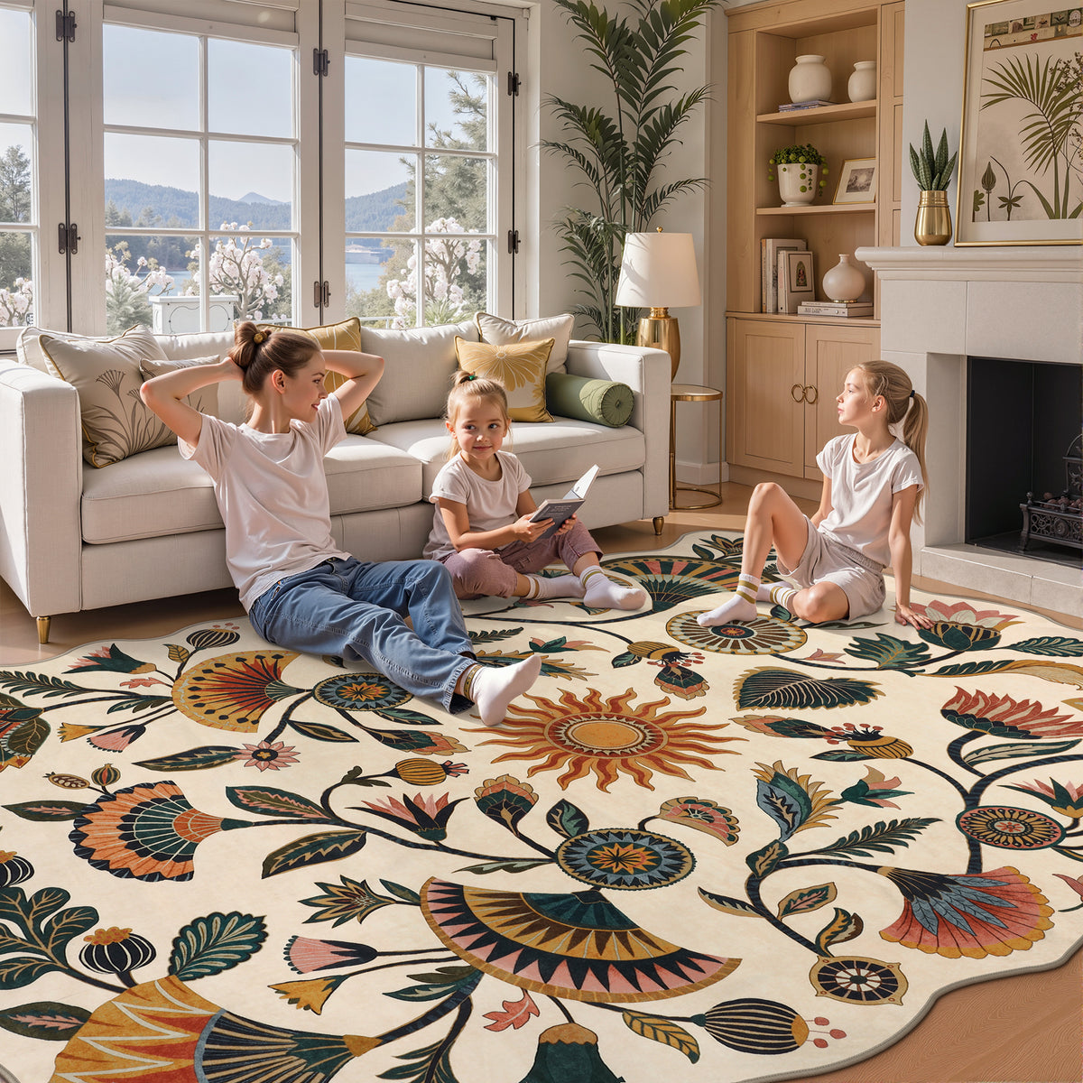 Boho Floral Washable Area Rug, Non-Slip Rug for Living Room Bedroom, Boho Floral Carpet