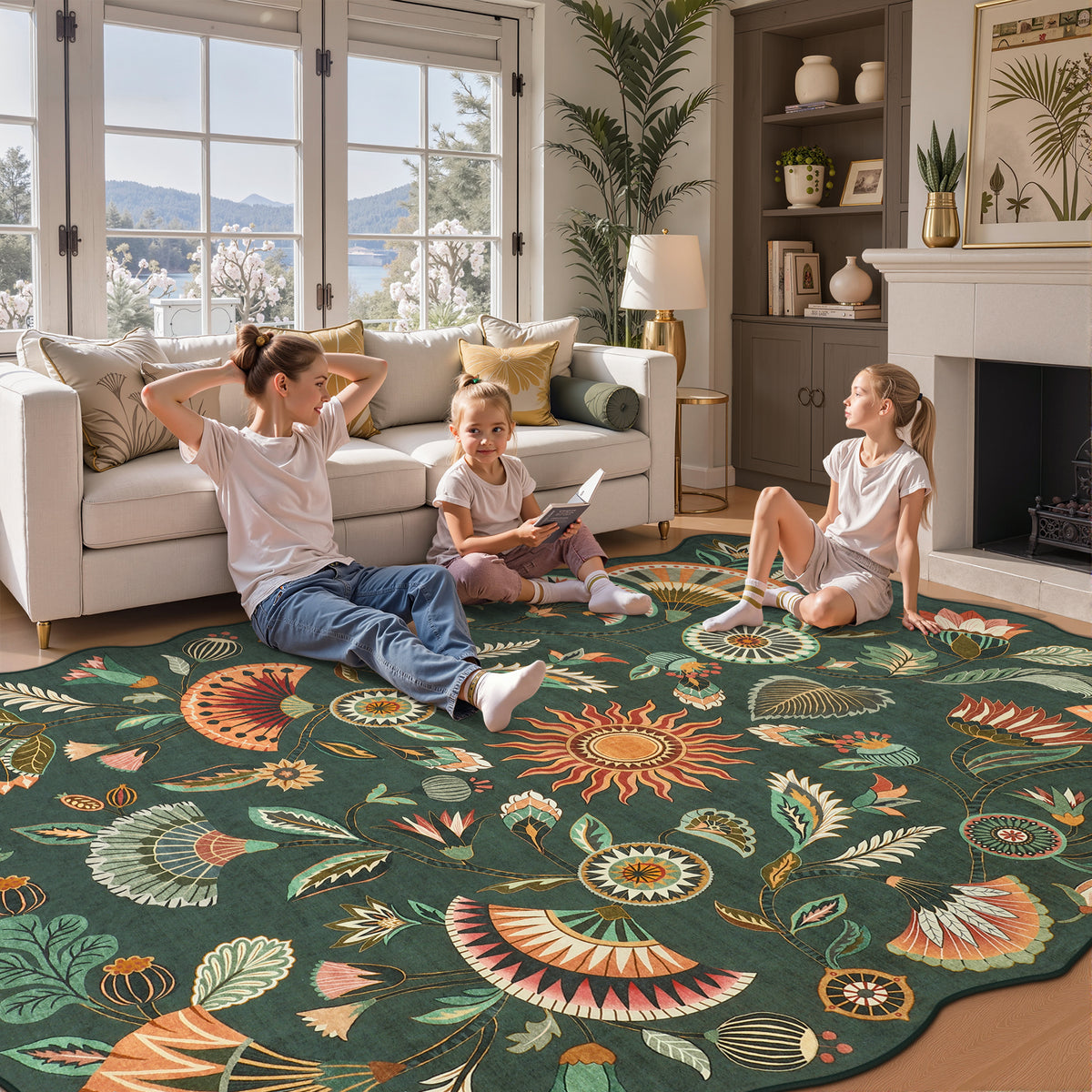 Boho Floral Washable Area Rug, Non-Slip Rug for Living Room Bedroom, Boho Floral Carpet