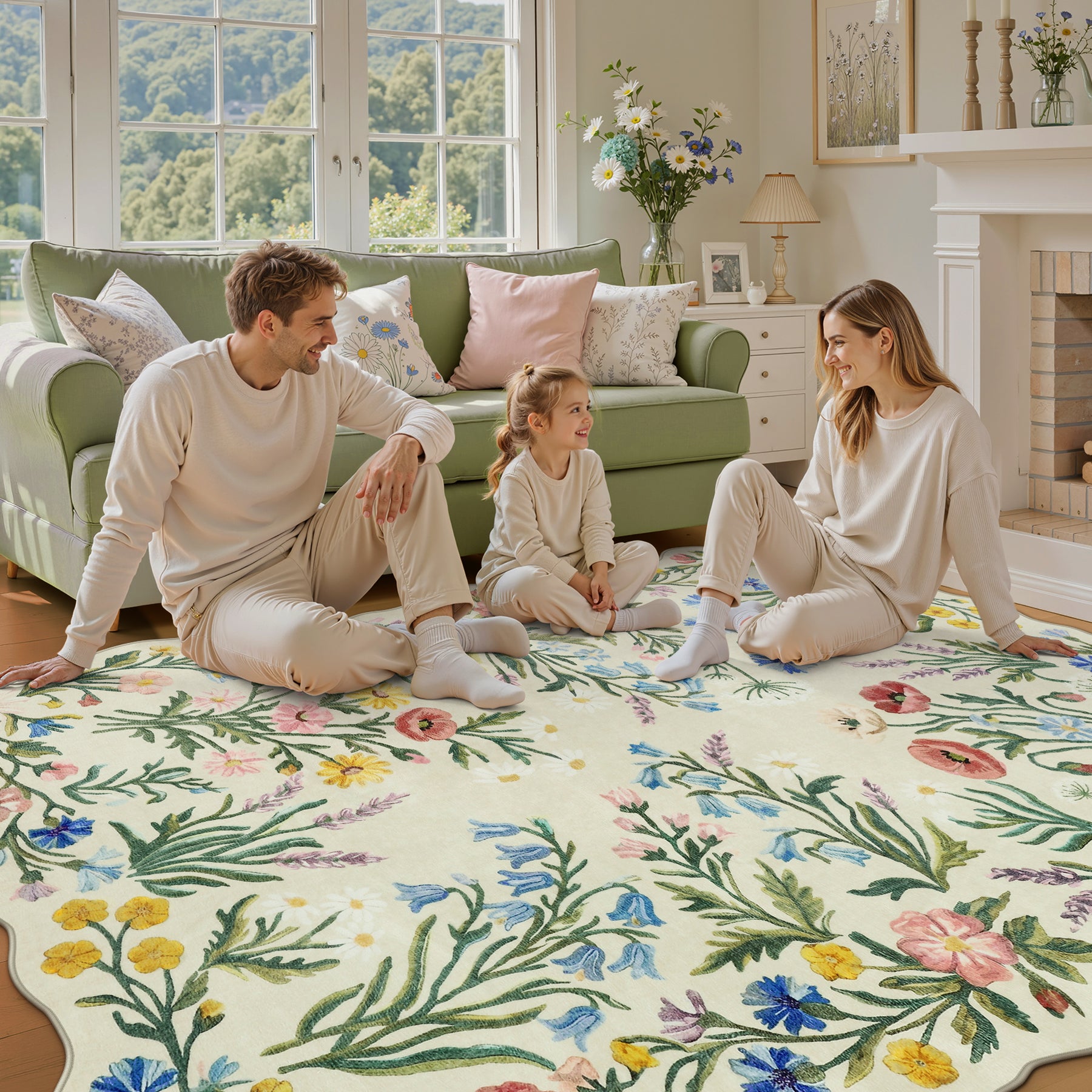 5x7/8x10 Floral Area Rug, Machine Washable Faux Wool, Non-Slip Scalloped Botanical Carpet