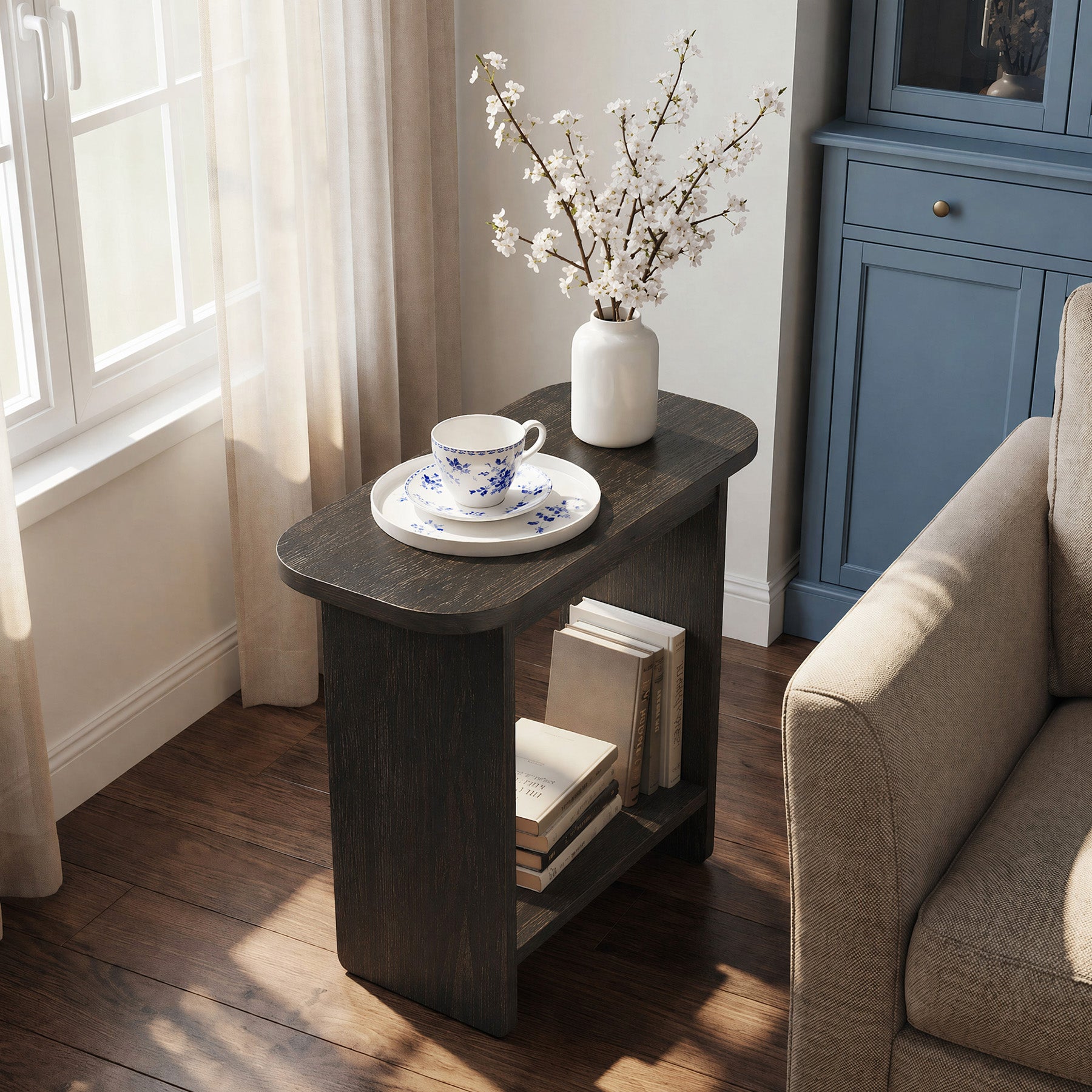 Solid Wood End Table, H-Shaped 2-Tier Side Table with Storage Shelf