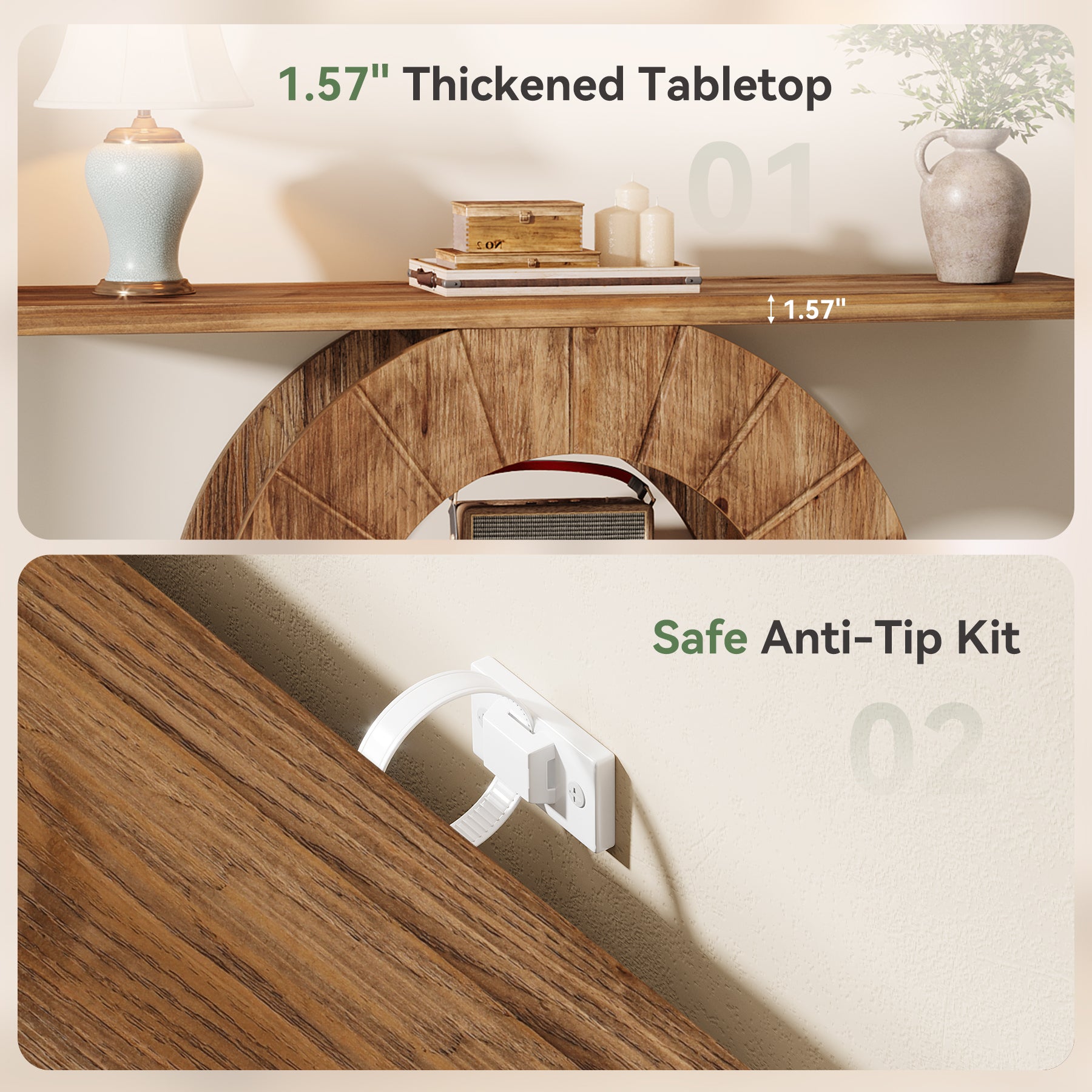 41" Solid Wood Farmhouse Console Table with 3-Tier Shelves, Narrow Sofa Table with Carved Circular Base