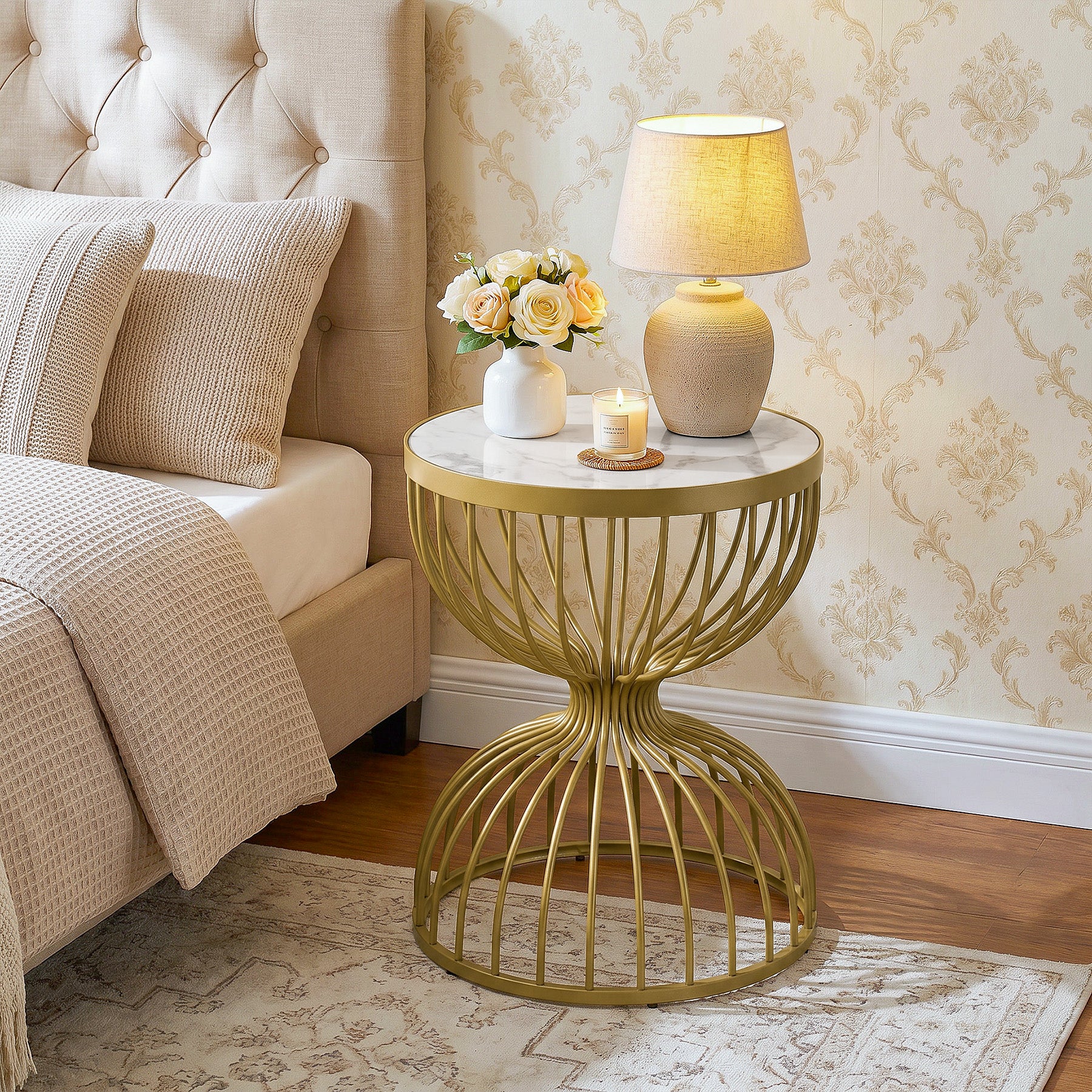 Hourglass Round End Table, Modern Accent Side Table with Faux Marble Top & Metal Frame