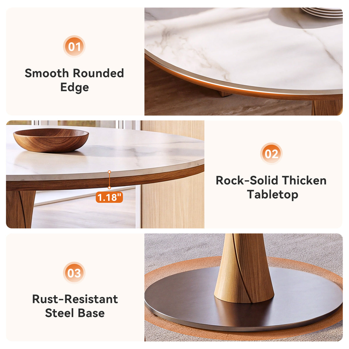35" Round Dining Table for 2-4, Sintered Stone Top, Rubberwood Pillar & Steel Base
