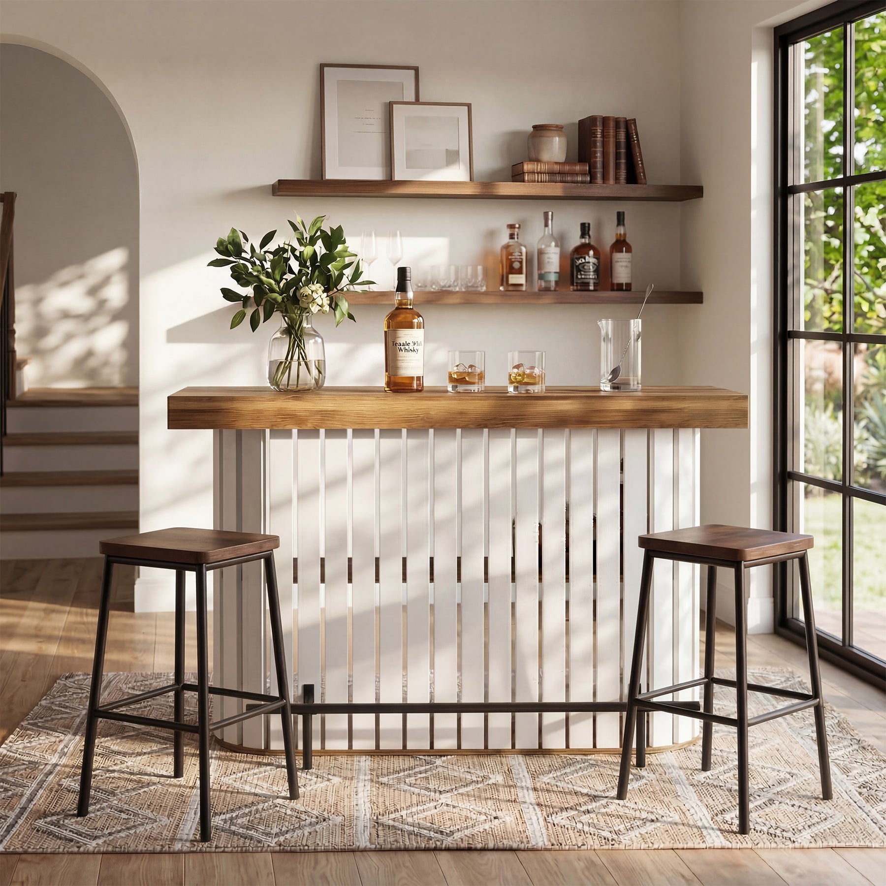 63" Counter Height Bar Table for 4-6, Modern Pub Table with 2-Tier Storage & Slatted Design