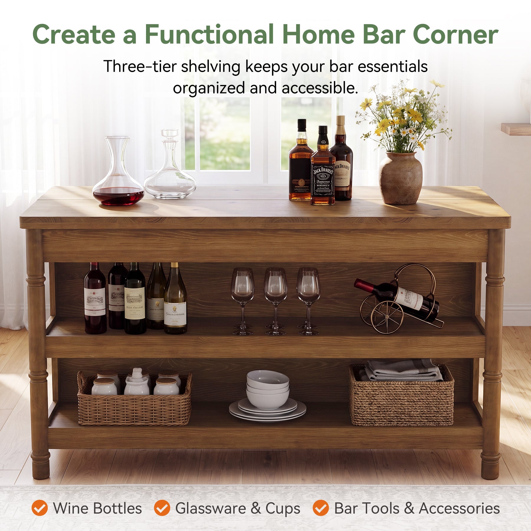 63" Counter Height Bar Table with Storage, Solid Wood Farmhouse Kitchen Bar Table, 3-Tier Shelves