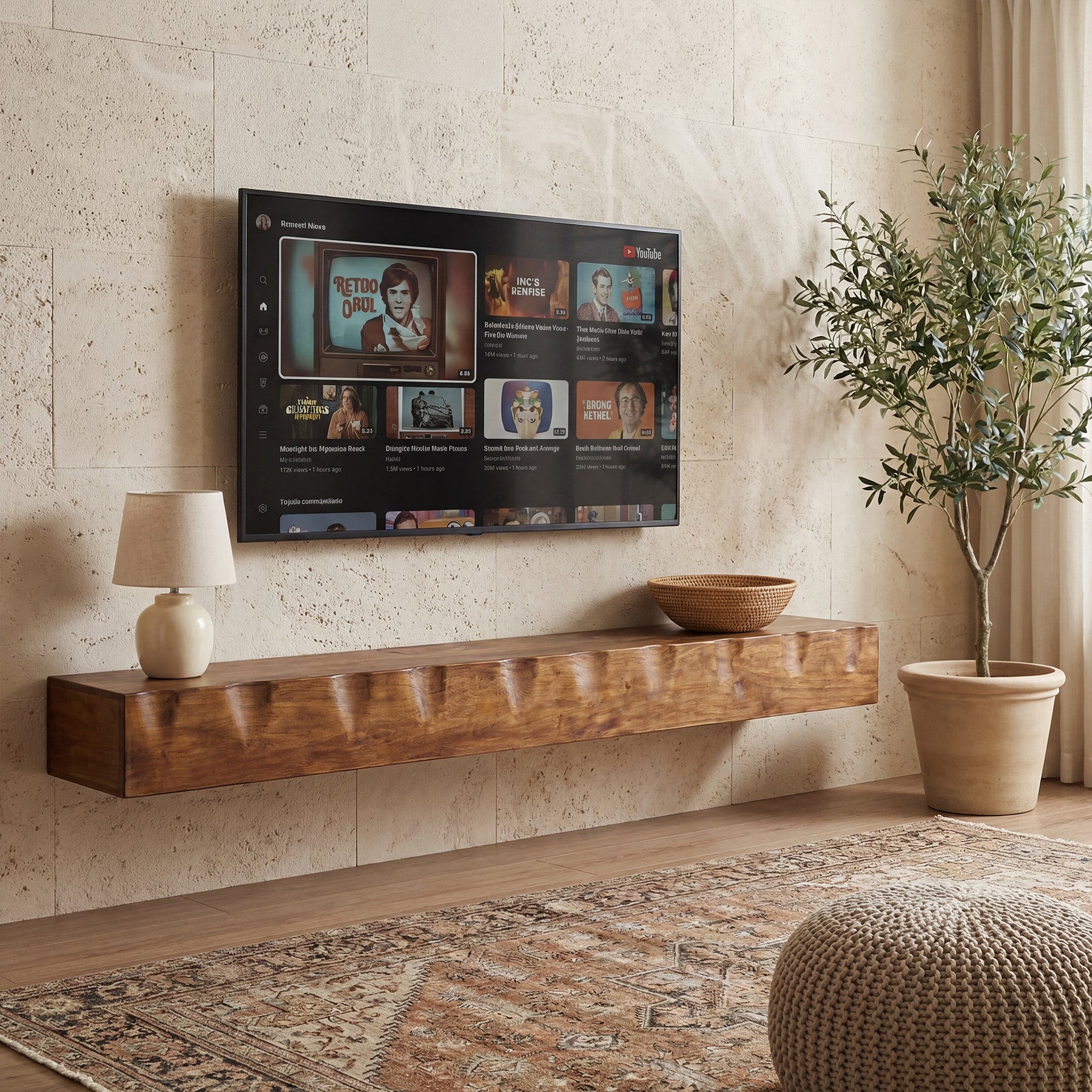 Solid Wood Floating TV Stand, 63" Wall Media Shelf for TVs Up to 75"