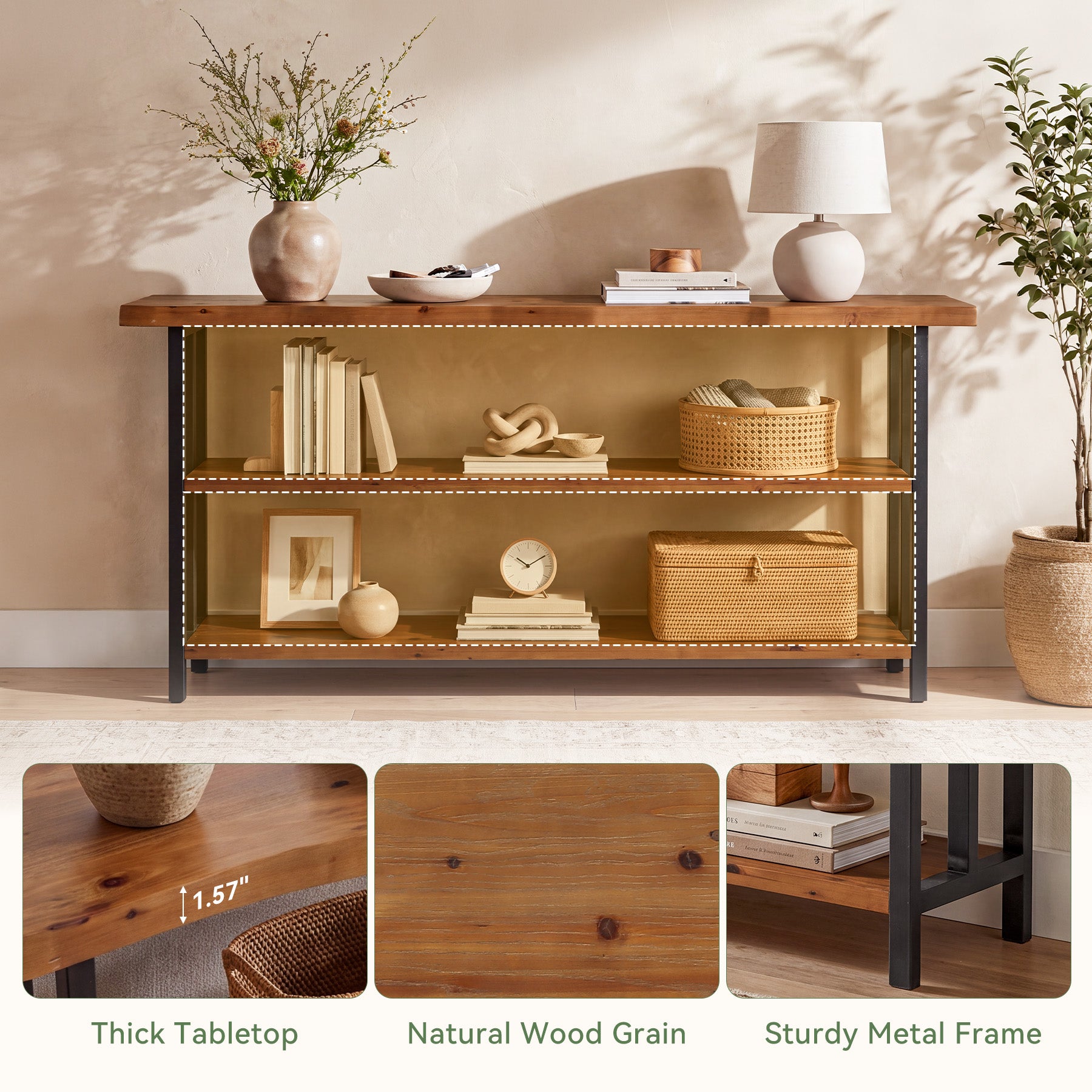 63" Live Edge Console Table, Farmhouse Solid Wood 3-Tier Shelves