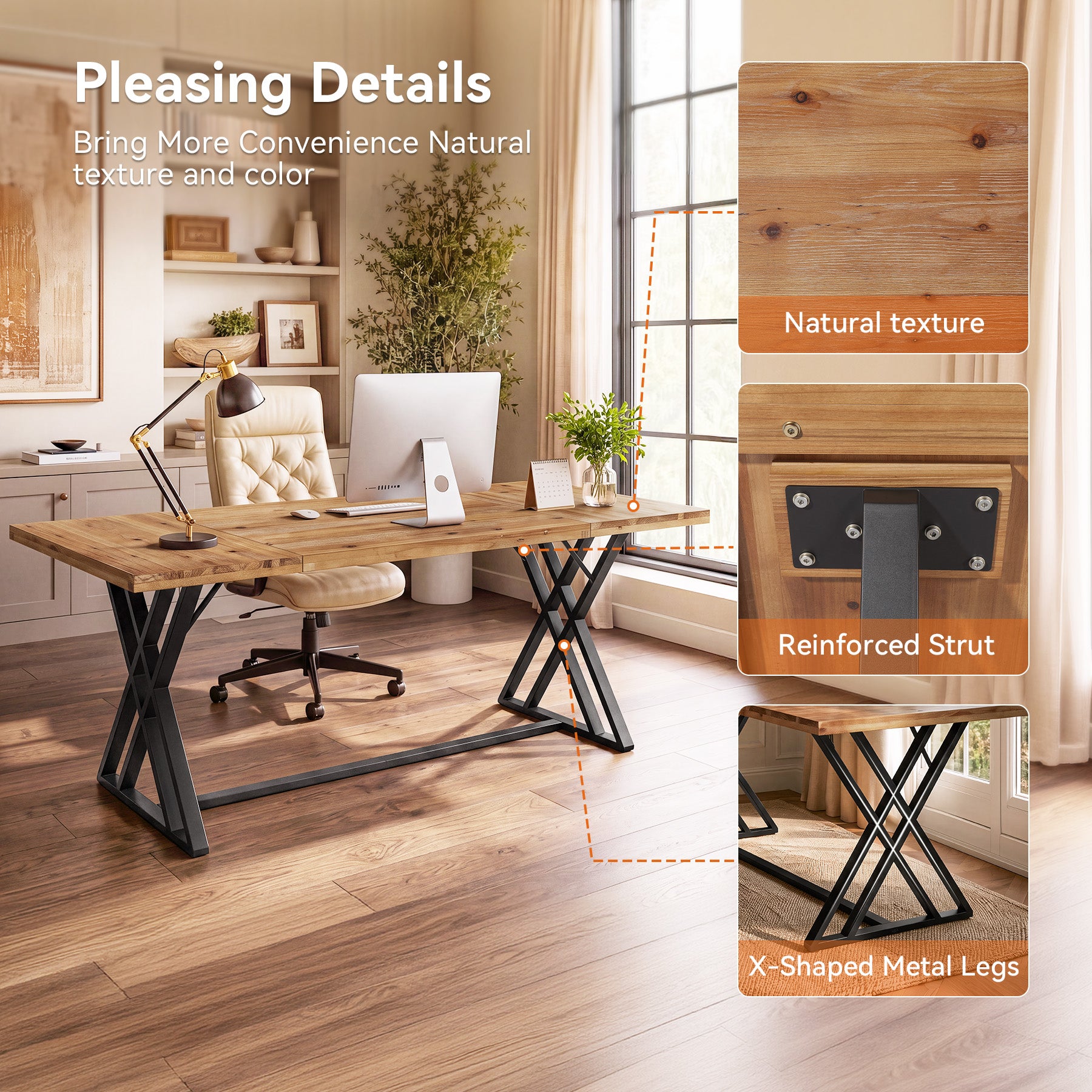 63" Solid Wood Computer Desk, Farmhouse Home Office Table with X-Shaped Metal Frame