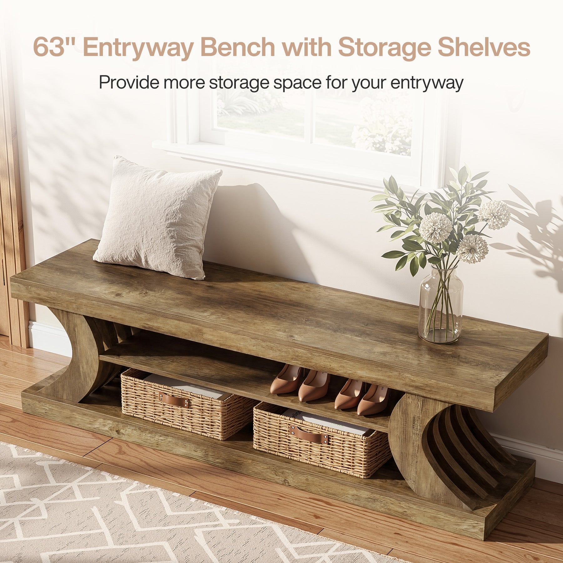 63" Entryway Bench, Wooden 3-Tier End of Bed Bench with Open Storage
