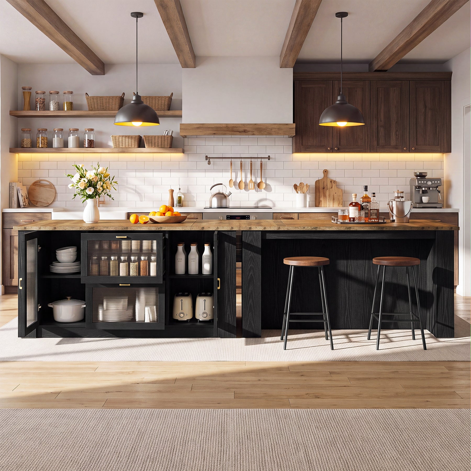 71" Kitchen Island with Seating, 2 Drawers & Storage Cabinets, Counter Height