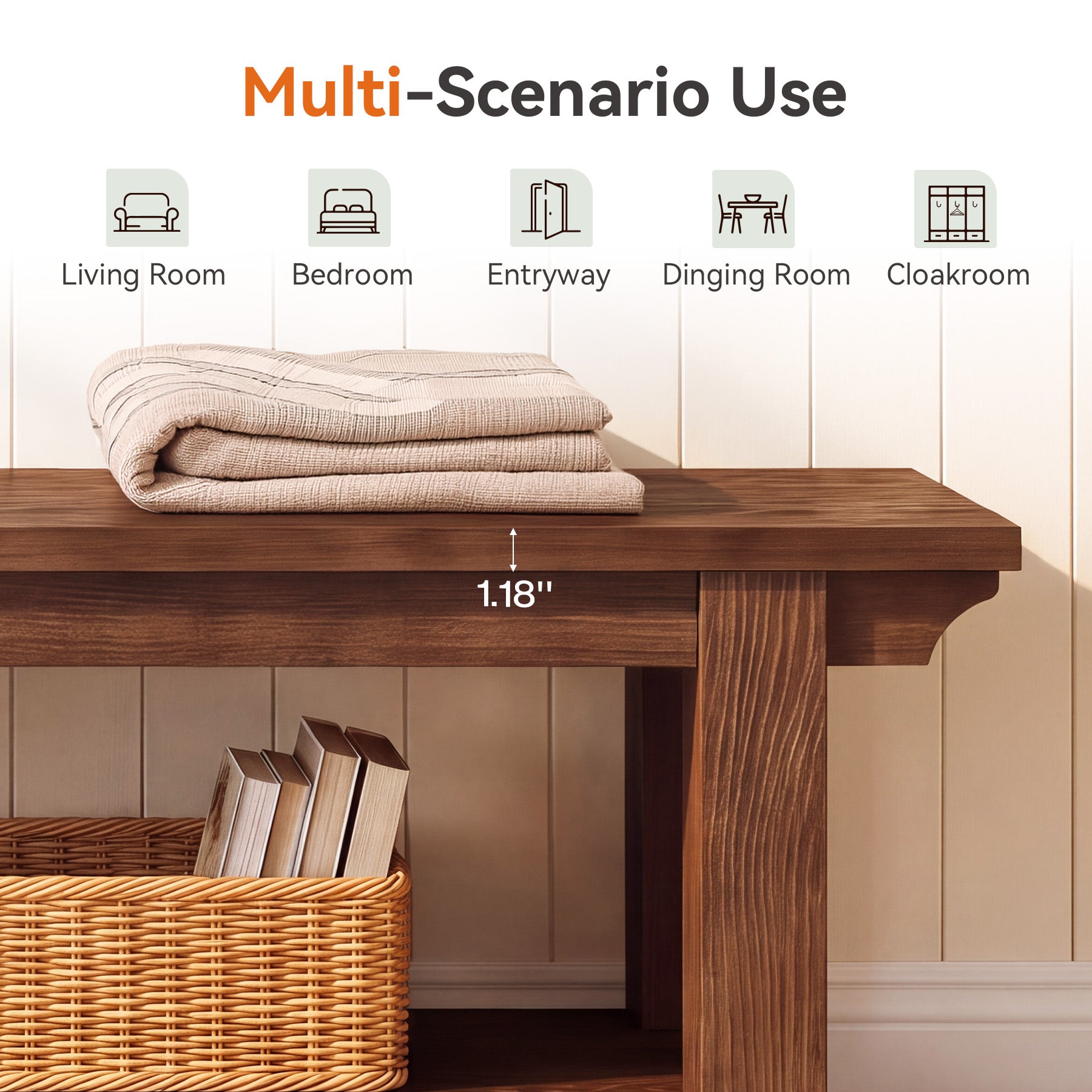 63" Dining Bench with Storage, Farmhouse Solid Wood 2-Tier, Kitchen & Dining Room