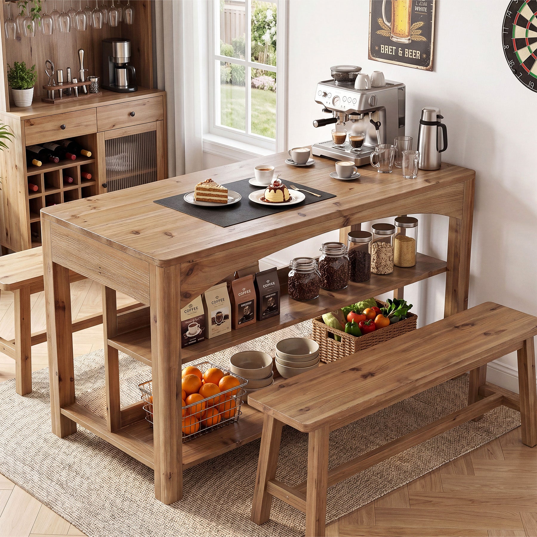 Tribesigns 59-Inch Kitchen Island, Solid Wood Island Table with 3-Tier Storage for Kitchen Dining Room