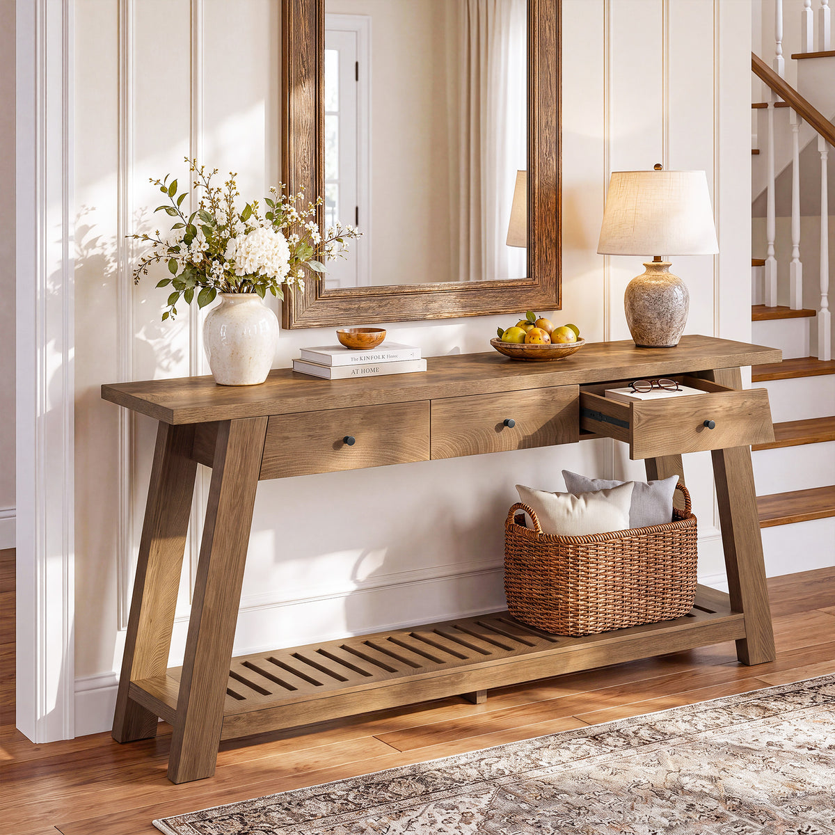 63" Console Table with 3 Drawers & Open Storage Shelf, Narrow Entryway Table Behind Couch