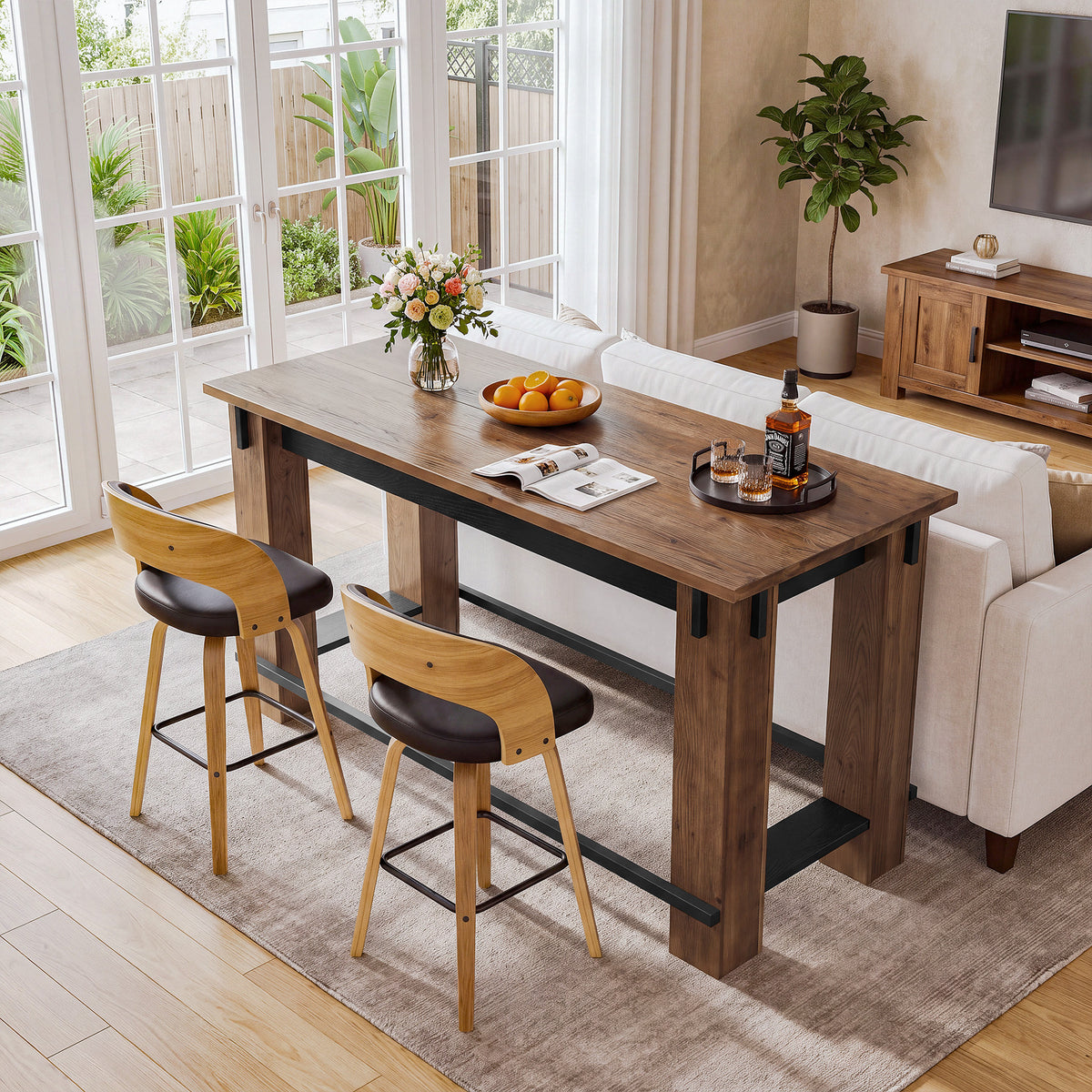 63" Farmhouse Solid Wood Bar Table, Metal Footrest, Counter Height Rectangle Pub Table
