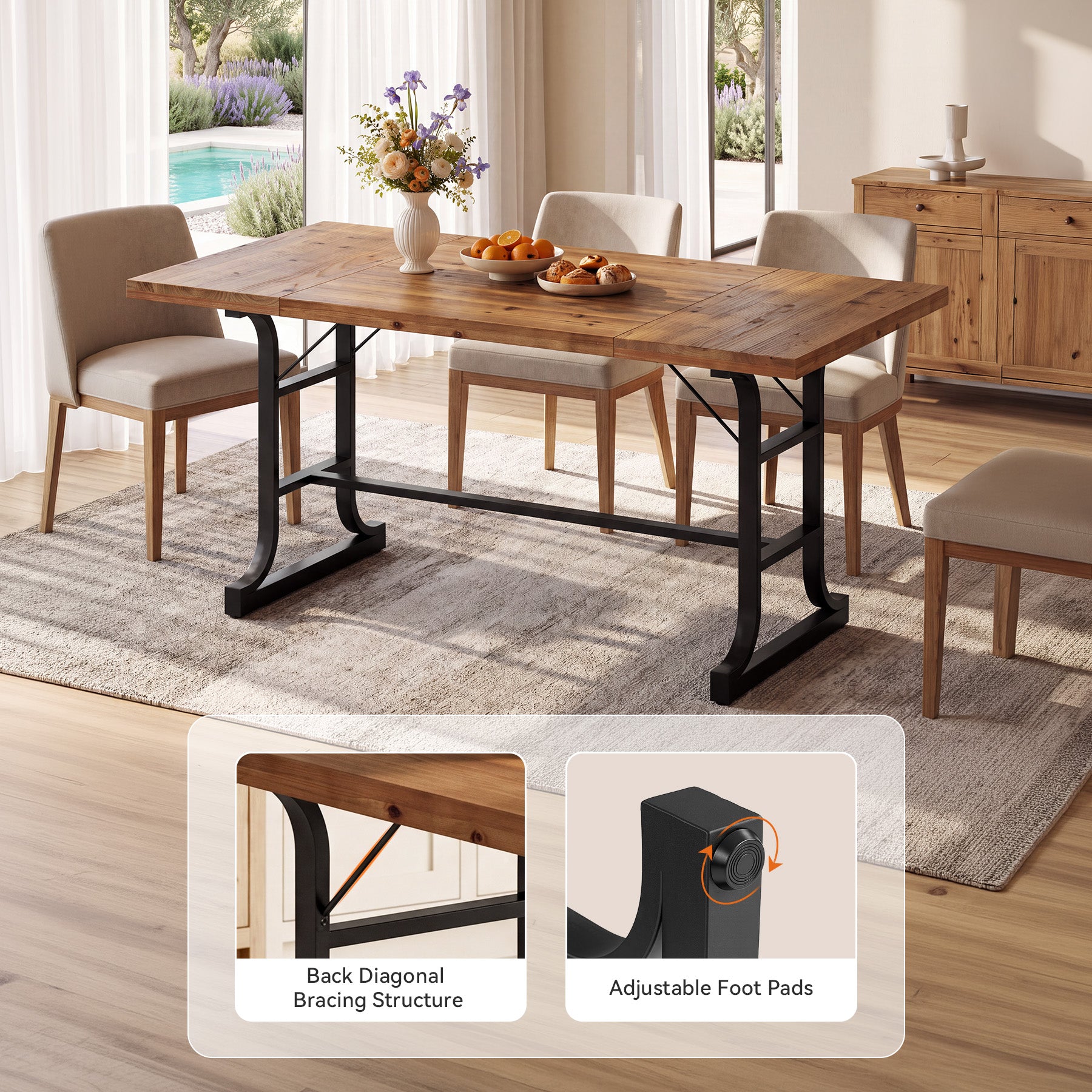 63" Solid Wood Dining Table for 4-6, Rectangular Kitchen Table with Metal Legs, Farmhouse