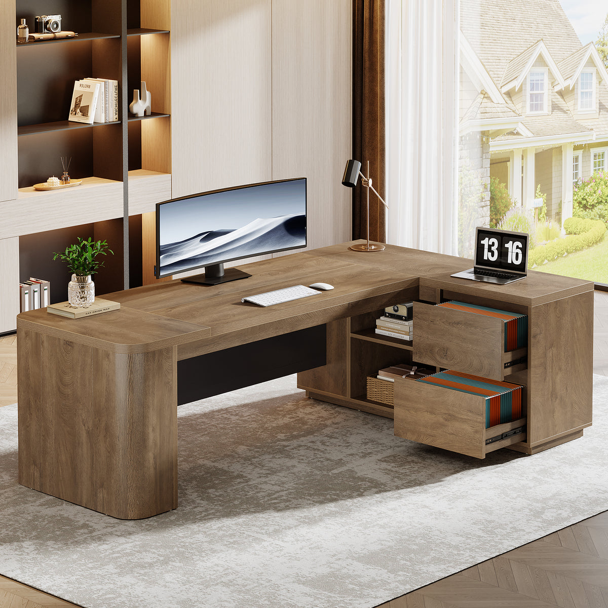 78" L-Shaped Executive Desk with File Cabinet, Corner Computer Desk for Home Office