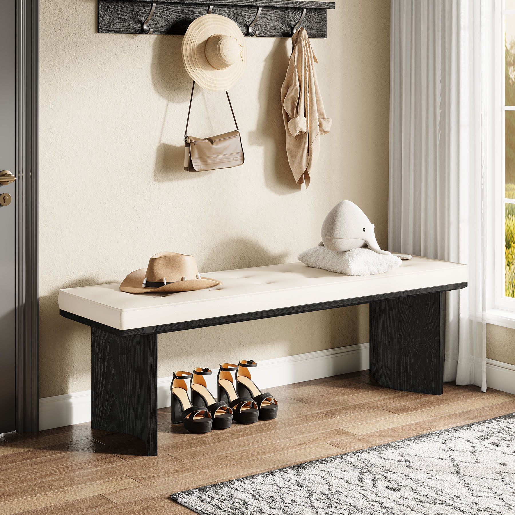 Solid Wood Entryway Bench, 55" Shoe Bench with Removable Cushion