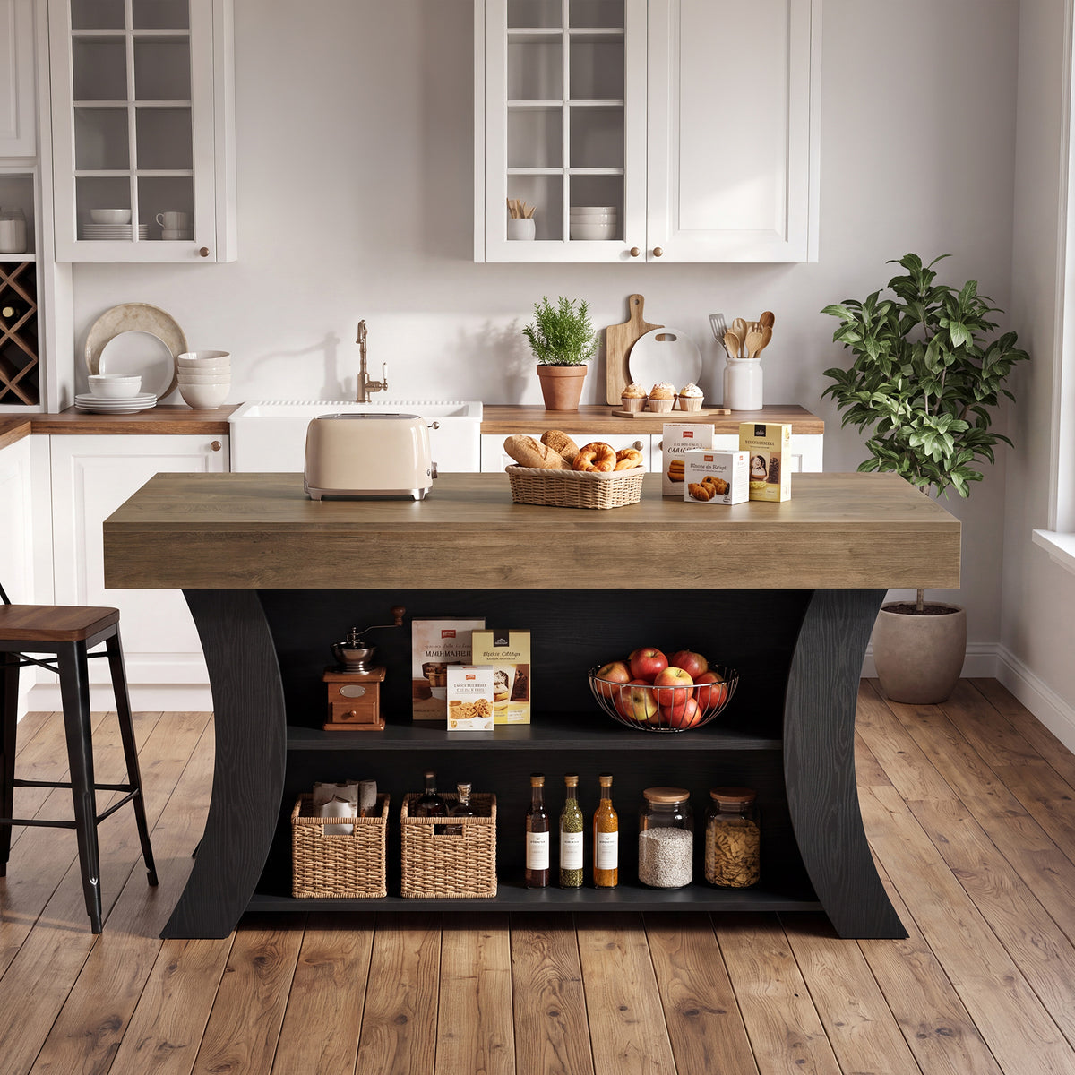 55" Farmhouse Kitchen Island with Storage & Seating Space, Stationary Island Table