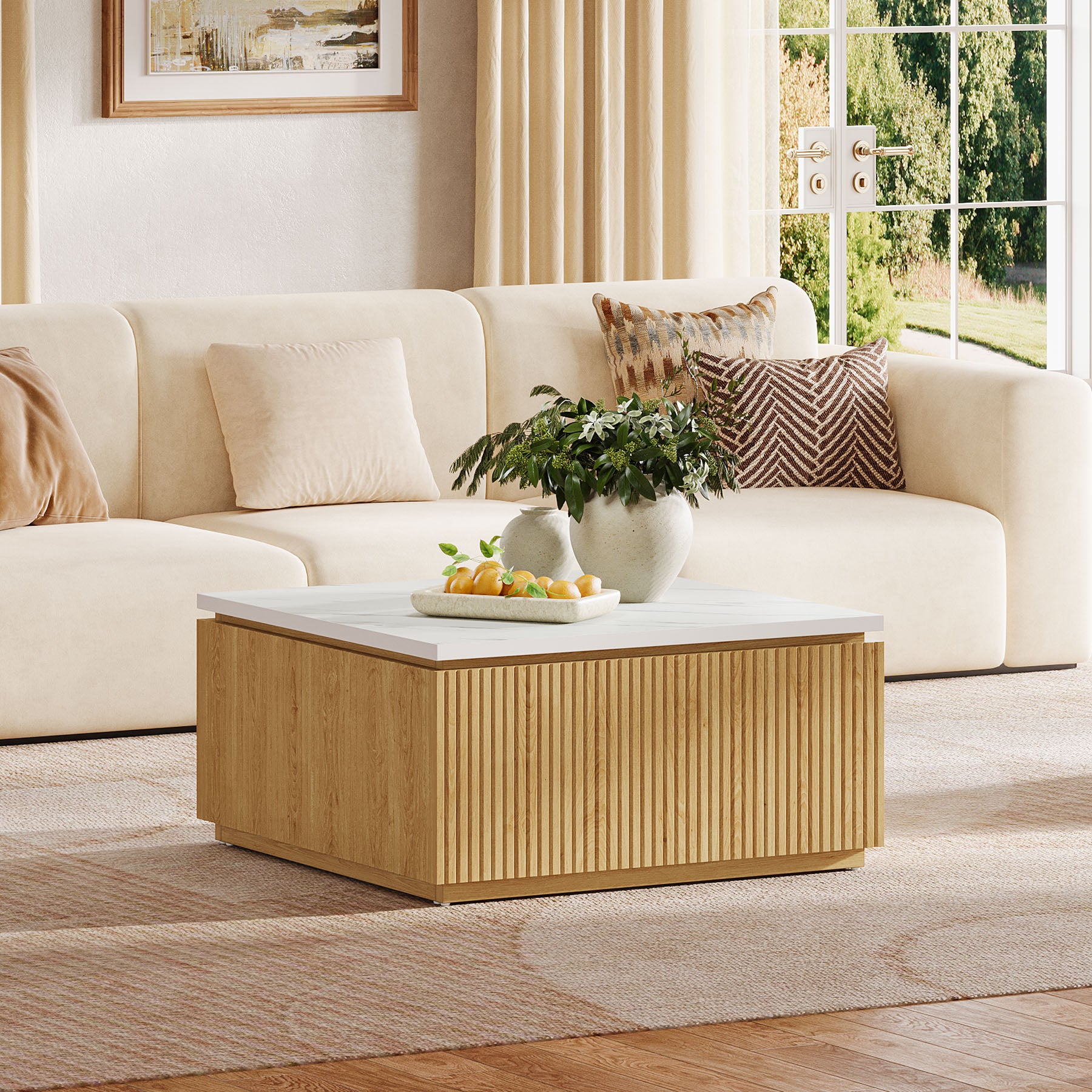 31.5" Square Coffee Table, Modern Center Table with Faux Marble Top