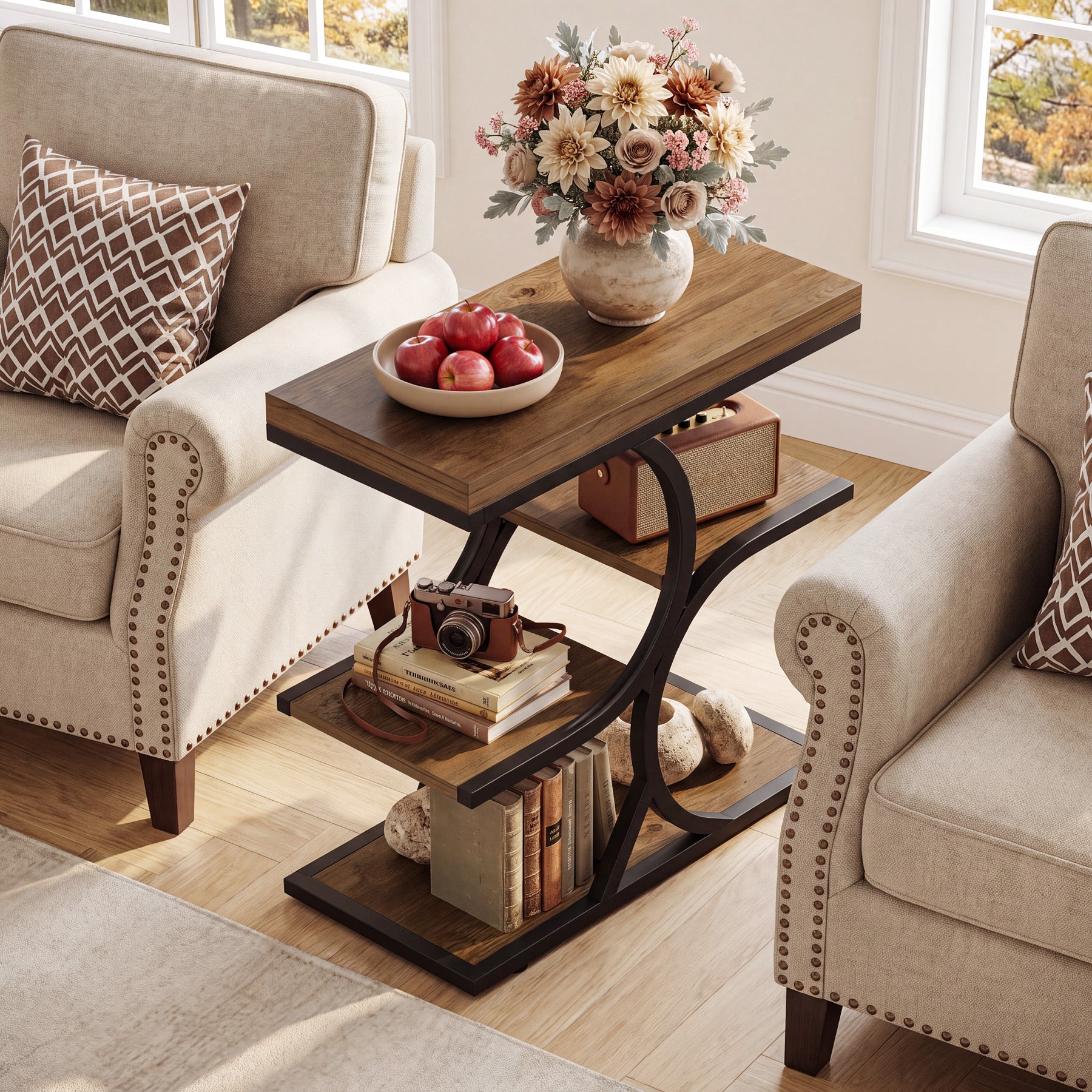 23.62" End Table with 4-Tier Shelf, Narrow Side Table with Metal Frame for Small Spaces