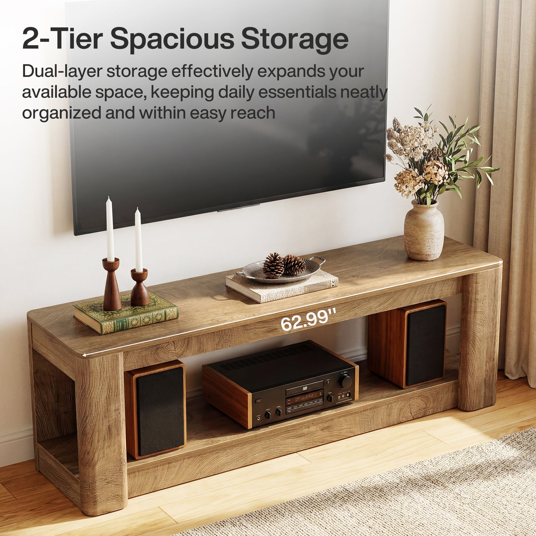 63" Farmhouse TV Stand for 55-75" TVs, Wood Media Console with Open Storage Shelves, Rustic Entertainment Center