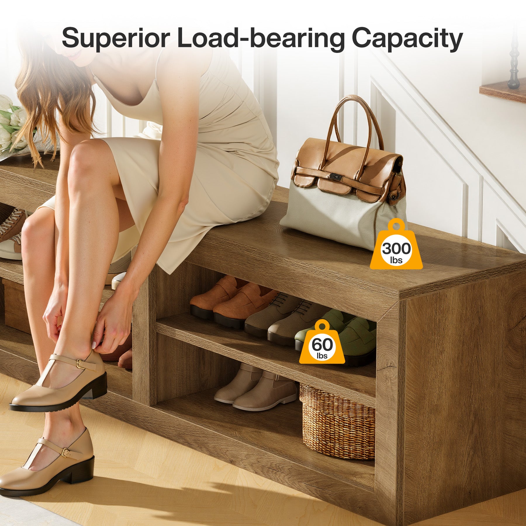 55" Entryway Shoe Bench, Farmhouse Storage Bench with 4 Cube Compartments