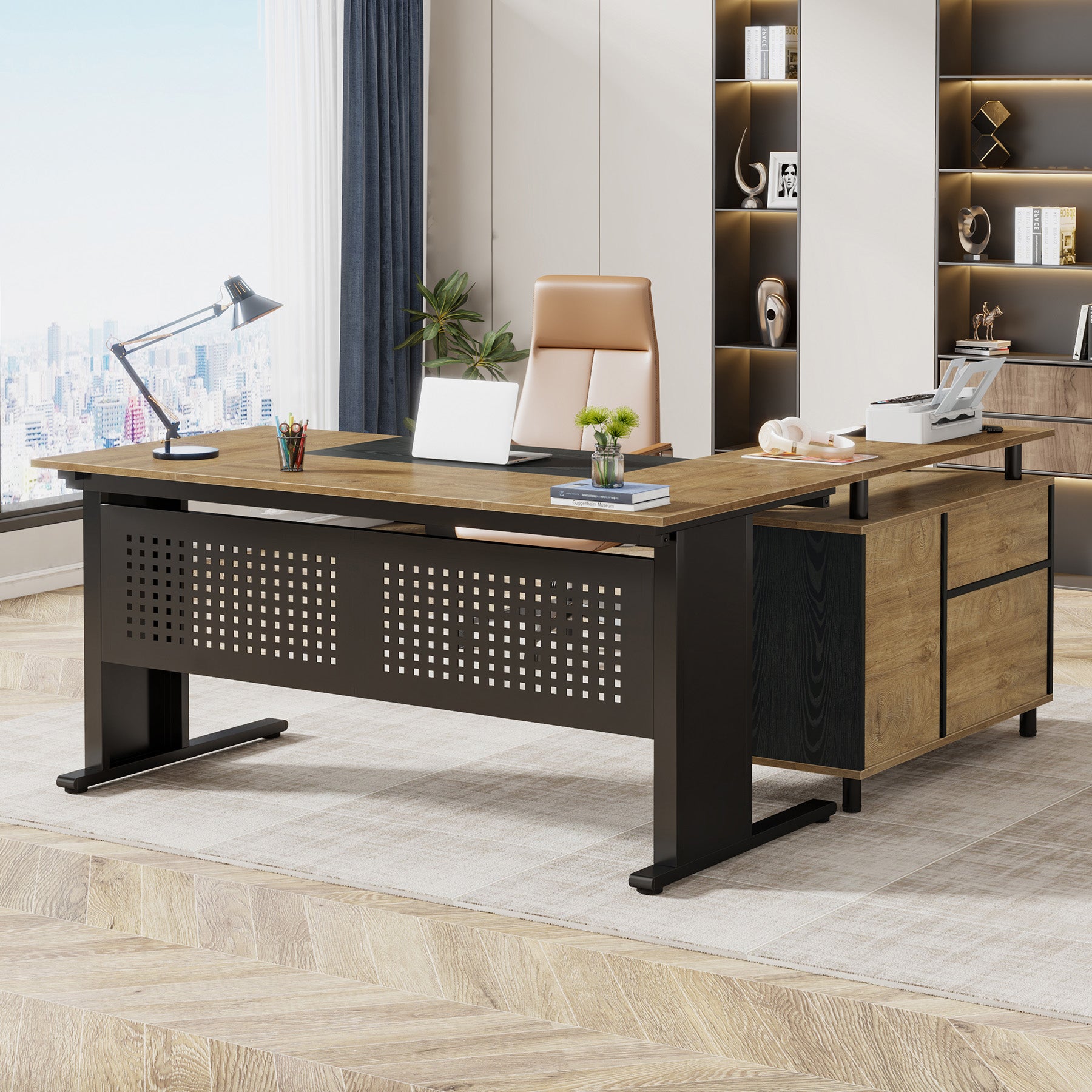 Industrial L-Shaped Desk, 63" Executive Desk with File Cabinet