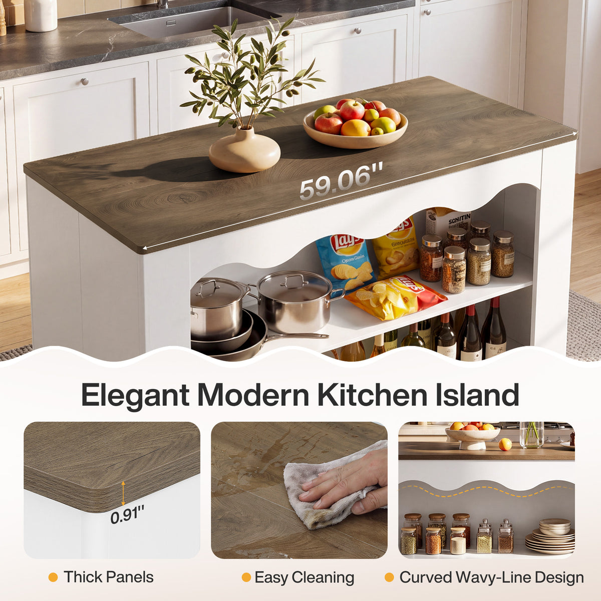 59" Modern Kitchen Island with Storage & Seating Space, 3-Tier Stationary Island Table