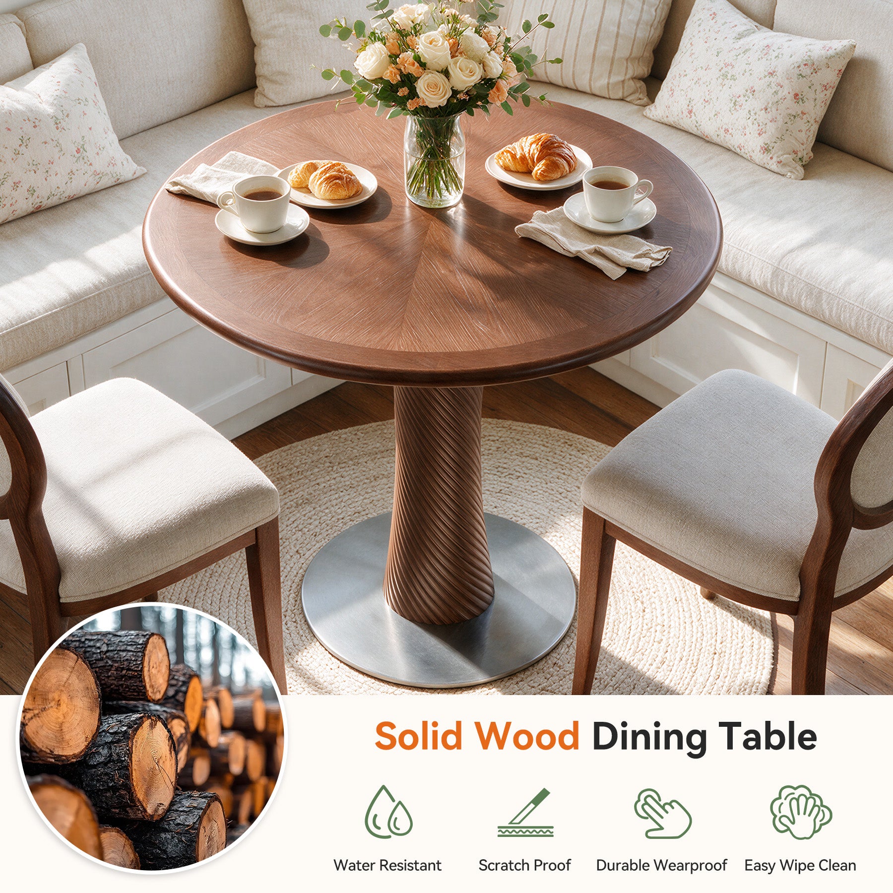 31.5” Round Dining Table, Solid Wood Kitchen Table with Hourglass Pedestal for 2