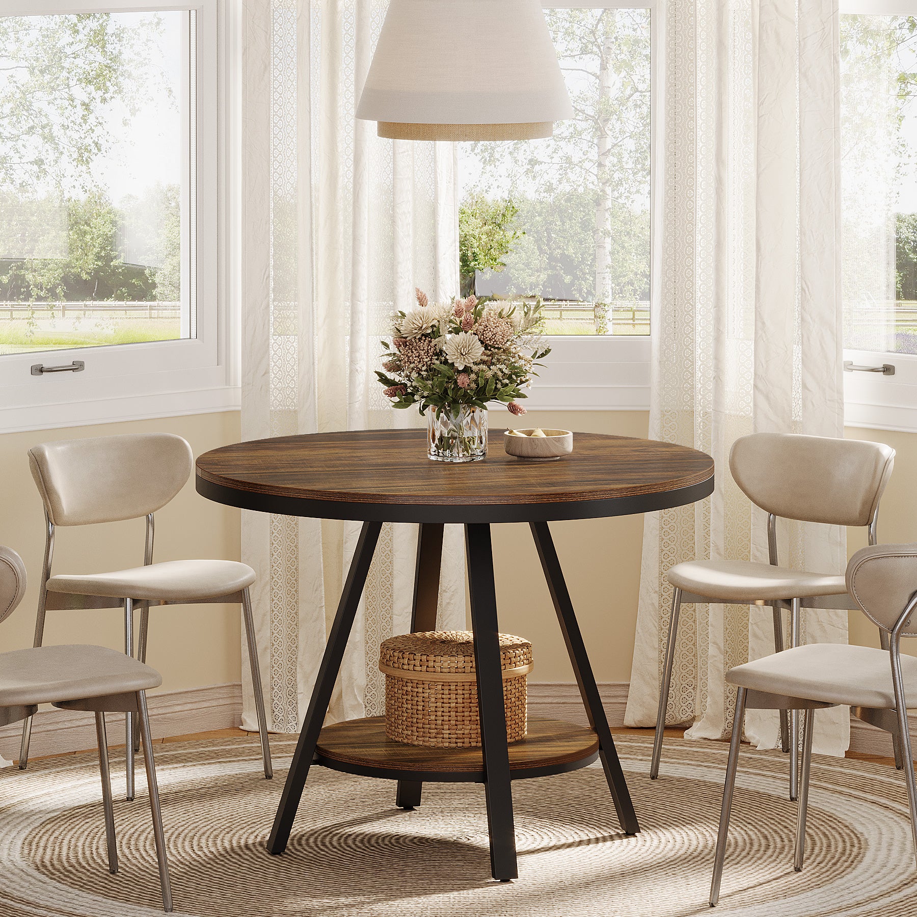 35" Round Dining Table for 2-4 People, 2-Tier Industrial Small Kitchen Dinner