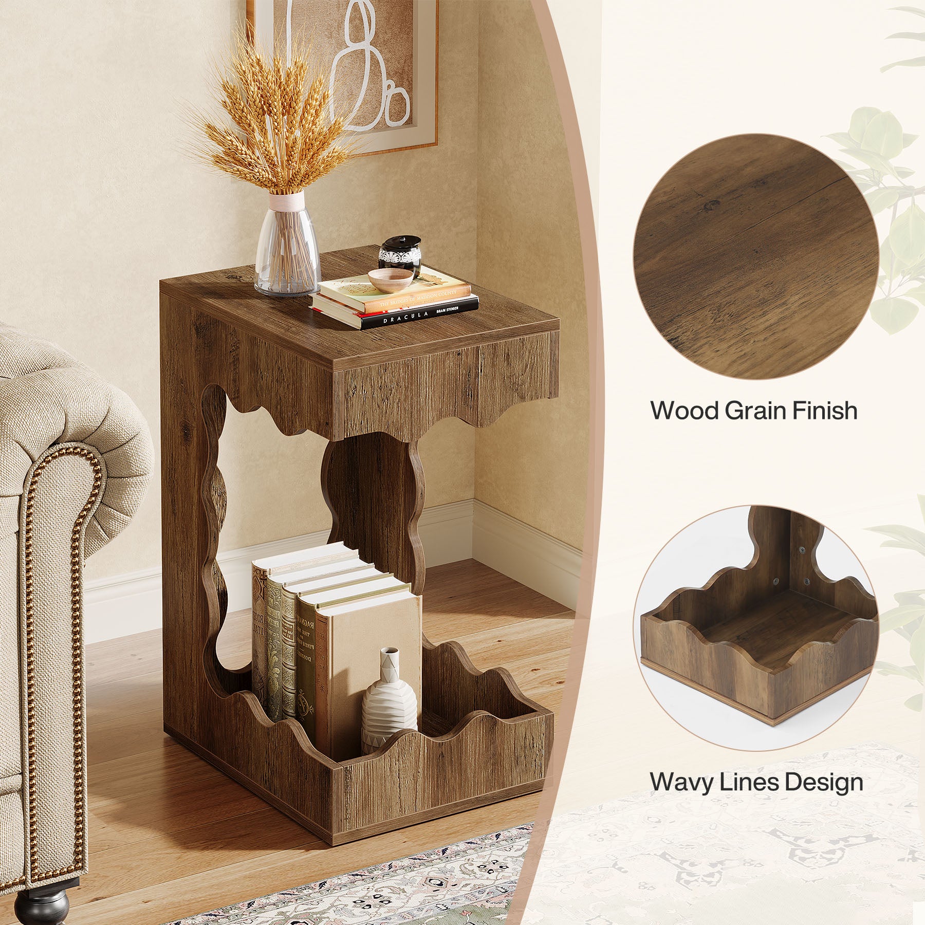 C-Shaped End Table, 2-Tier Side Table Farmhouse Nightstand