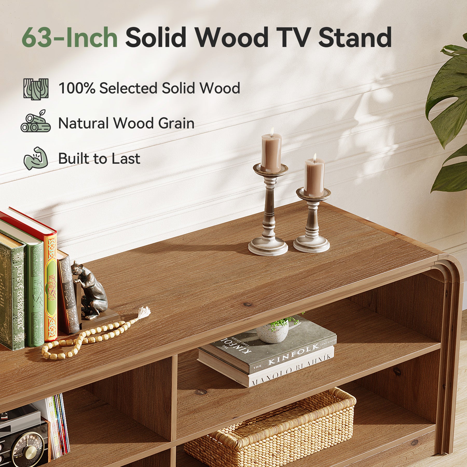 Solid Wood TV Stand, 63" TV Console Table with Storage for 55/60/65/75-Inch TVs