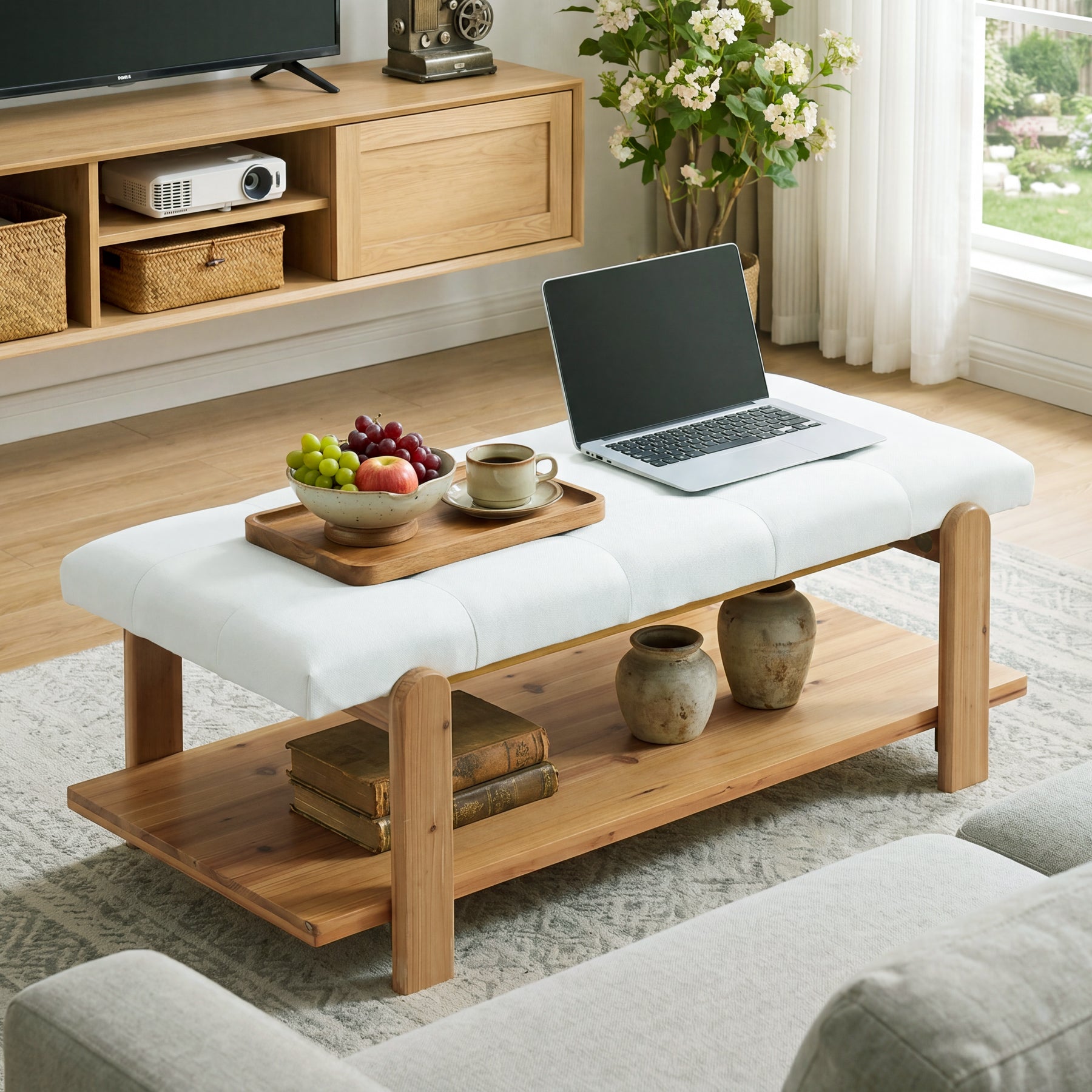 47.24" Ottoman Coffee Table, Rectangle Large Footrest Ottoman with Solid Frame and Storage Shelf