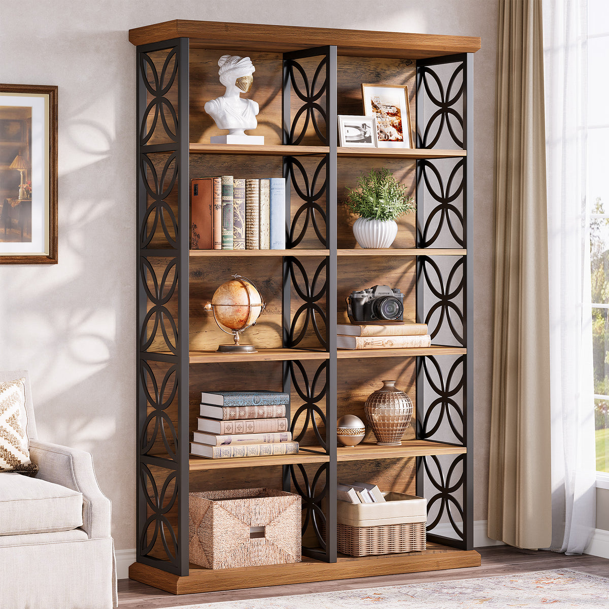 75" Industrial 6-Tier Bookcase, 10-Cube Metal Frame Freestanding Bookshelf, Home Office